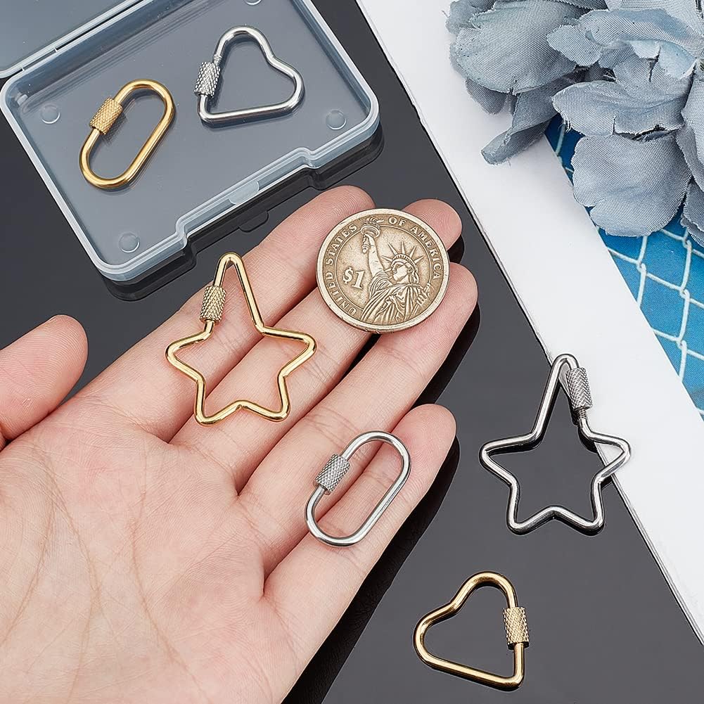 UNICRAFTALE 6pcs 3 Styles Screw Carabiner Lock Charms 2 Colors Stainless Steel Locking Carabiner Claw Clasp Heart Heart Carabiner Hook Clip Key Holder 22~35.5mm - Image 2