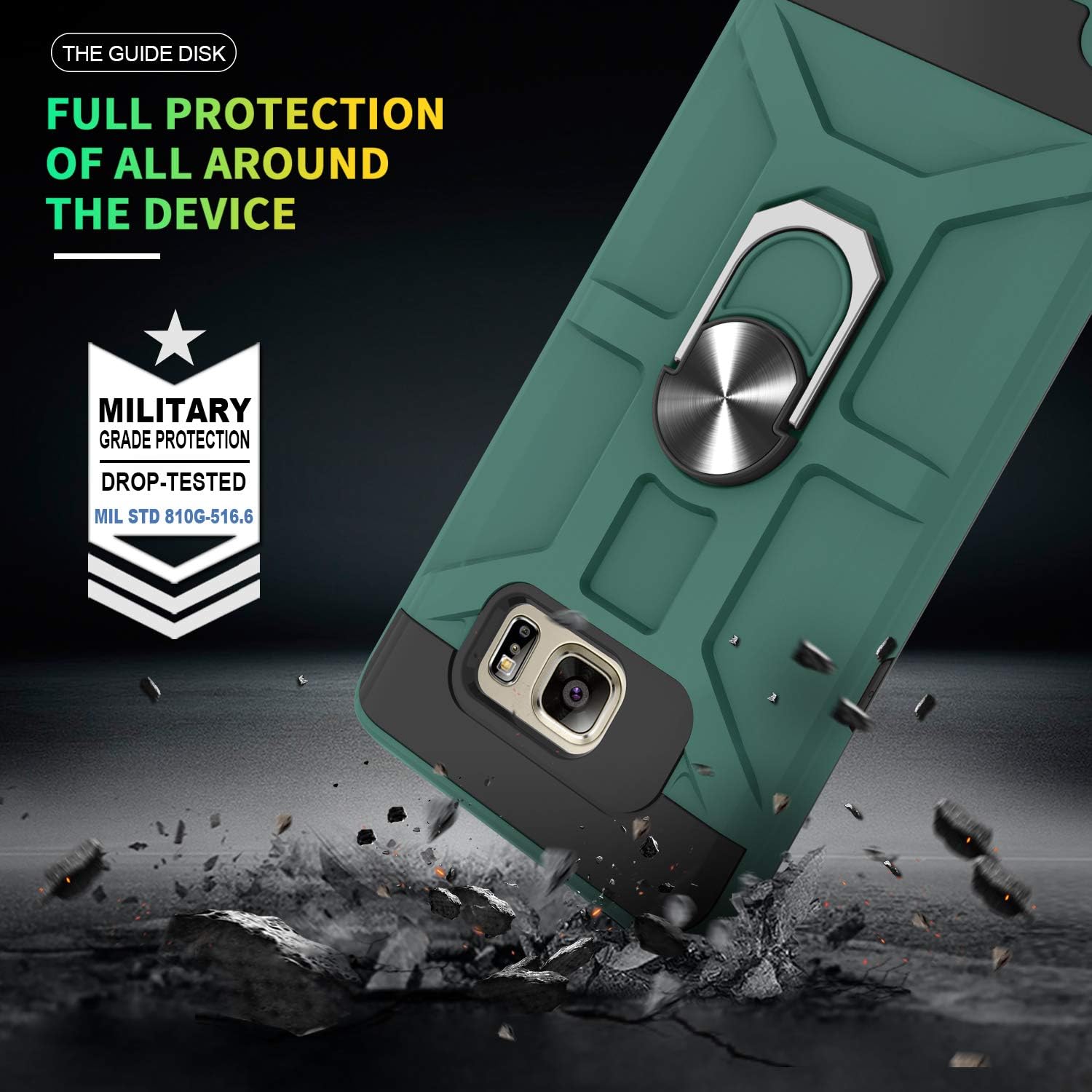 ATUMP Galaxy Note 5 Case with HD Screen Protector, 360°Rotation Ring Holder Kickstand [Work with Magnetic Car Mount] PC+ TPU Phone Case for Samsung Note 5, Midnight Green