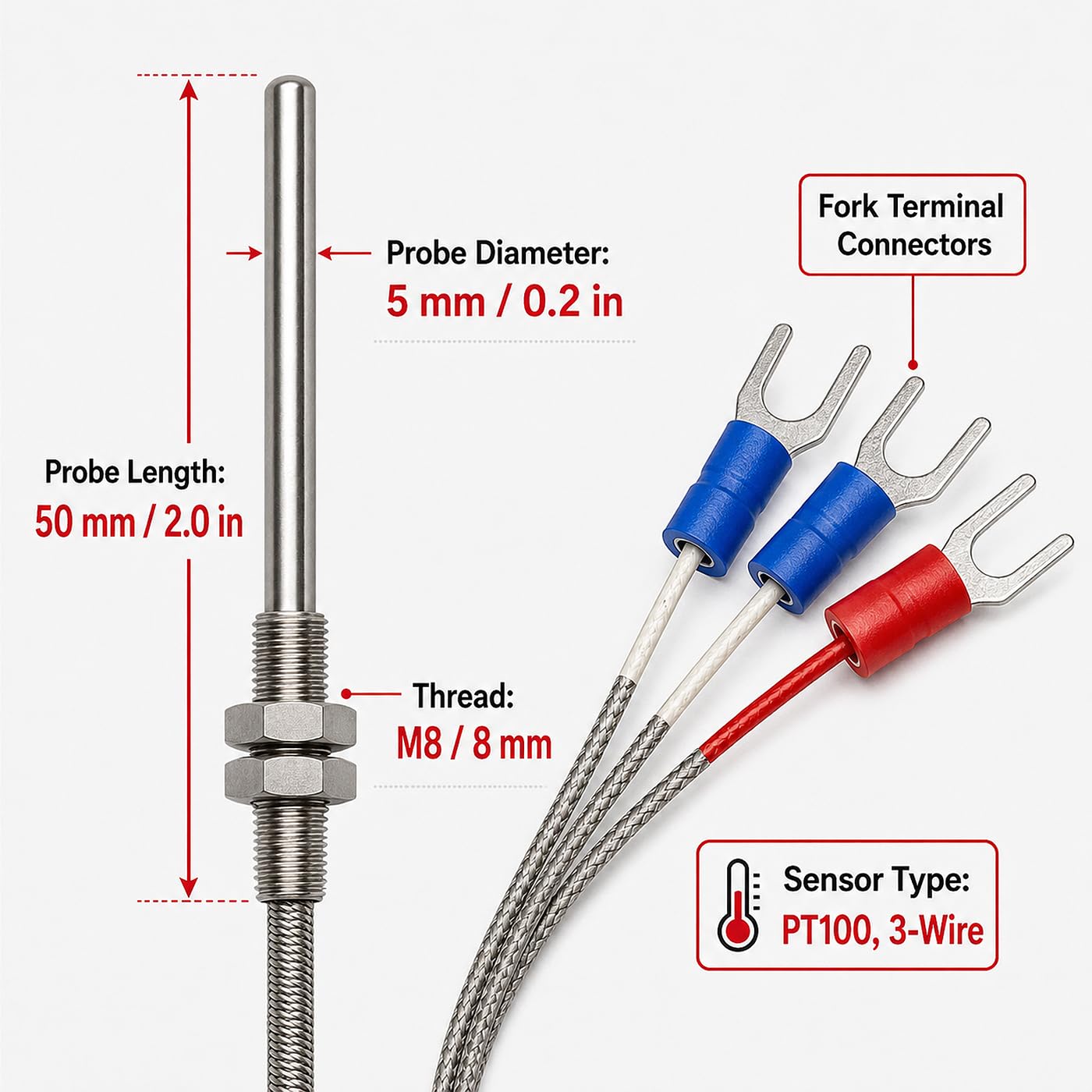 Sonda Termoparowa M8, 0-400℃ Czujnik Temperatury Z Gwintem M8 Rezystor Pt100 Termopara 3-Przewodowa, Wodoodporna Sonda 5 * 50 mm, Do Kominków, Grillów, Zastosowań Przemysłowych (2m)