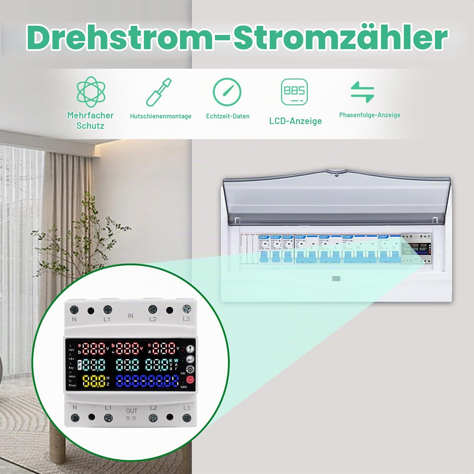 DEWIN Stromzähler 3 Phasen, Drehstromzähler Hutschiene Multifunktion LCD Digitaler Stromzähler Ampere Volt Leistung Energiezähler 100A 3X230V / 400V