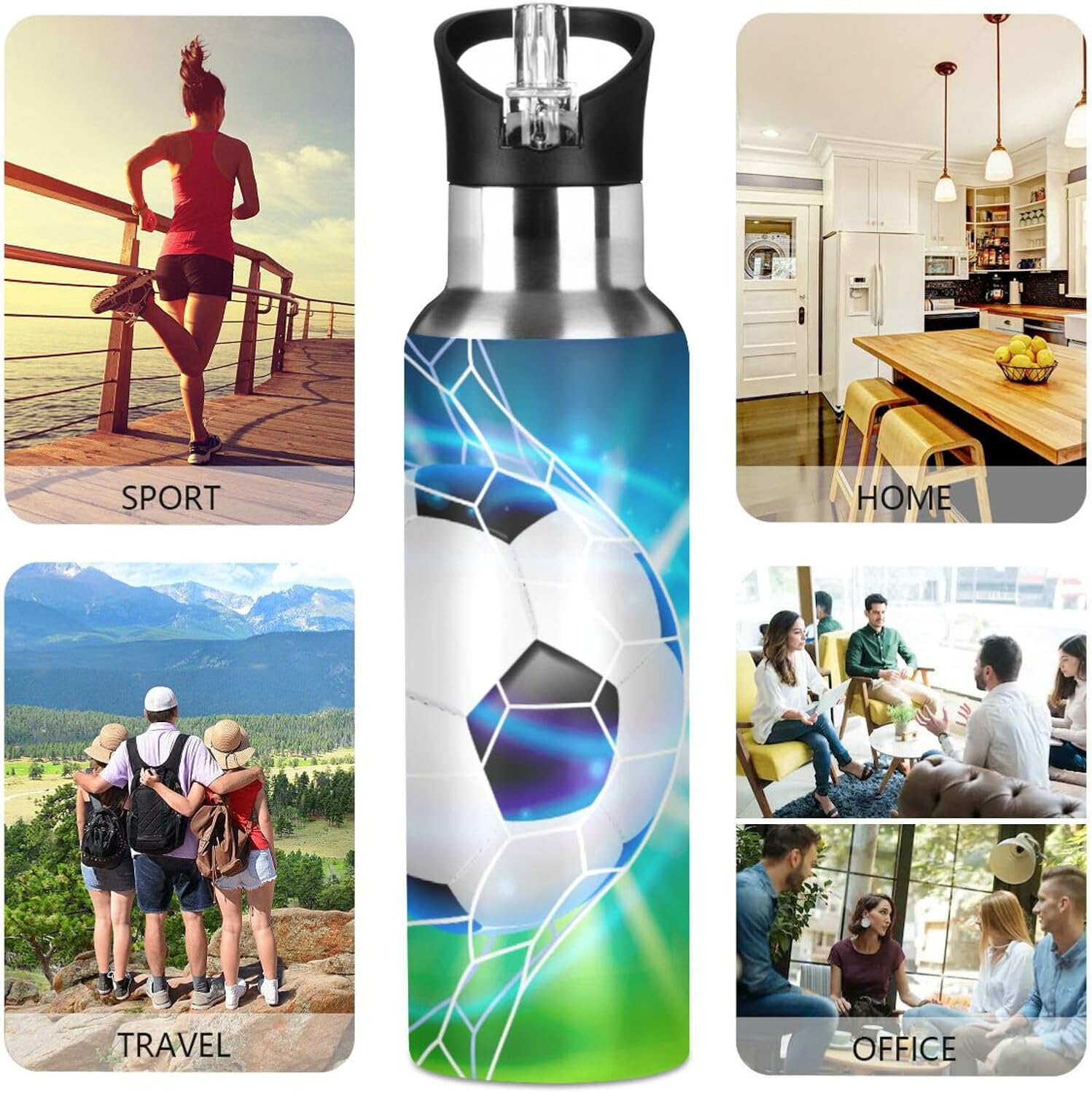 Soccer Ball on Field Water Bottle Kids Insulated Football Boys Girls Stainless Steel Hot Cold Water Flask with Straw Lid for Sports Gym 20 oz - Image 6