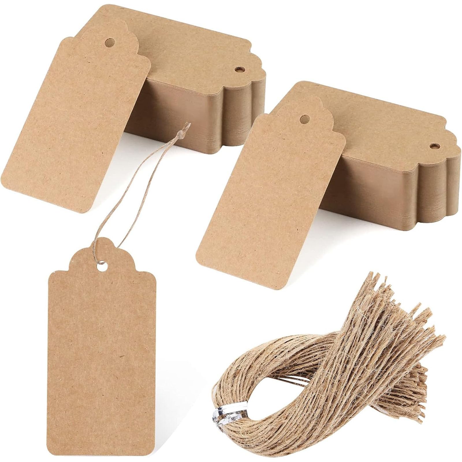 SallyFashion 100pcs Gift Tags with String Attached, 2 x 4 inch Kraft Paper Hang Tags for Clothes DIY Crafts Wedding Holiday (Brown)