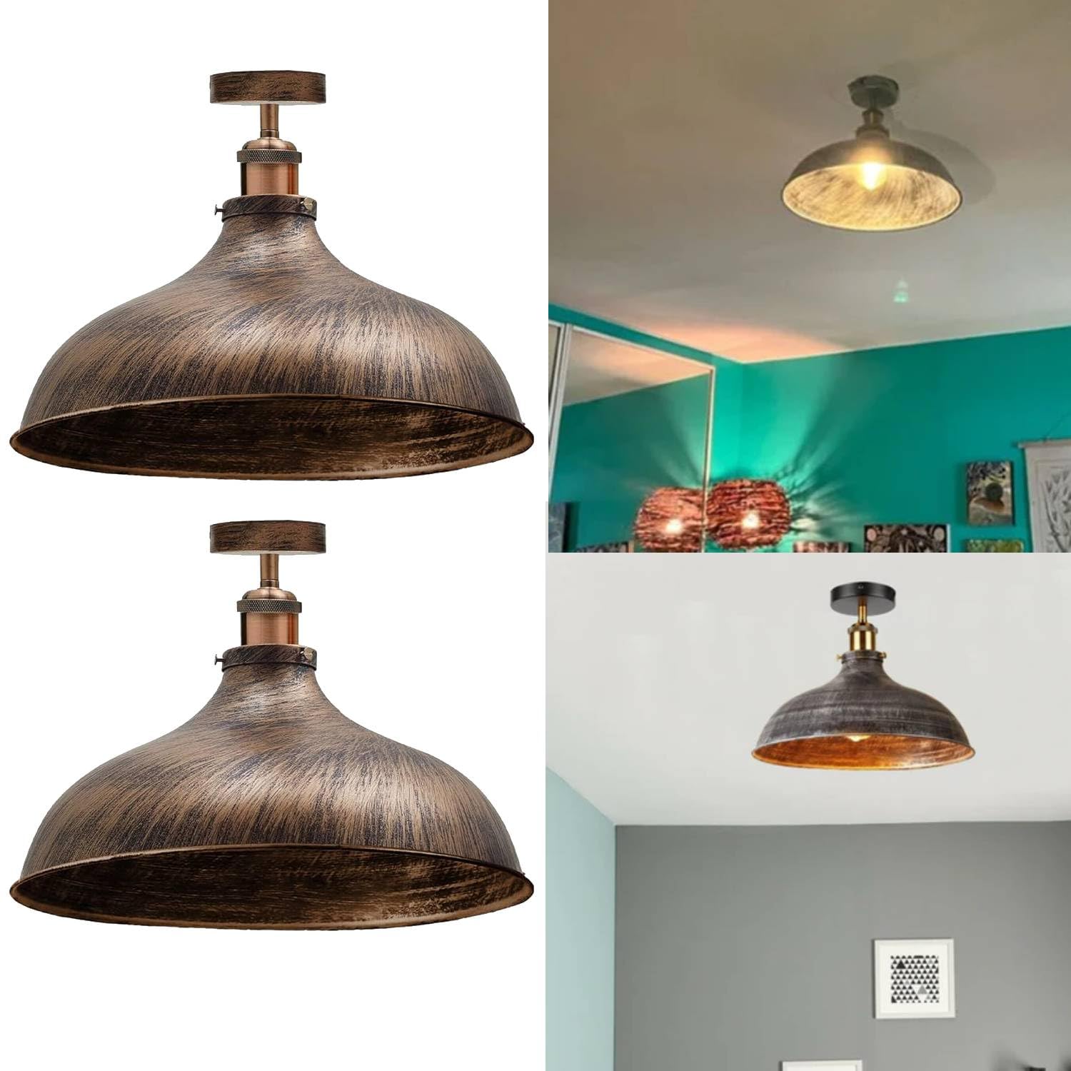 DC VOLTAGE Retro Metal Flush Mount Ceiling Light Set, Rustic Pendant Light Fitting, 36cm Metal Light Shade, E27 Vintage Industrial Mid Century Look Dome Kitchen Lighting, for Farmhouse, Bedroom — image 1