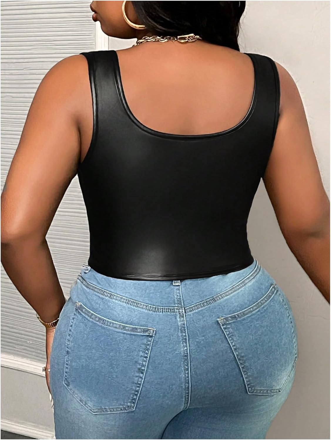 Floerns Women's Plus Size Leather Sleeveless Corset Tops Asymmetrical Hem Tank Top - Image 2