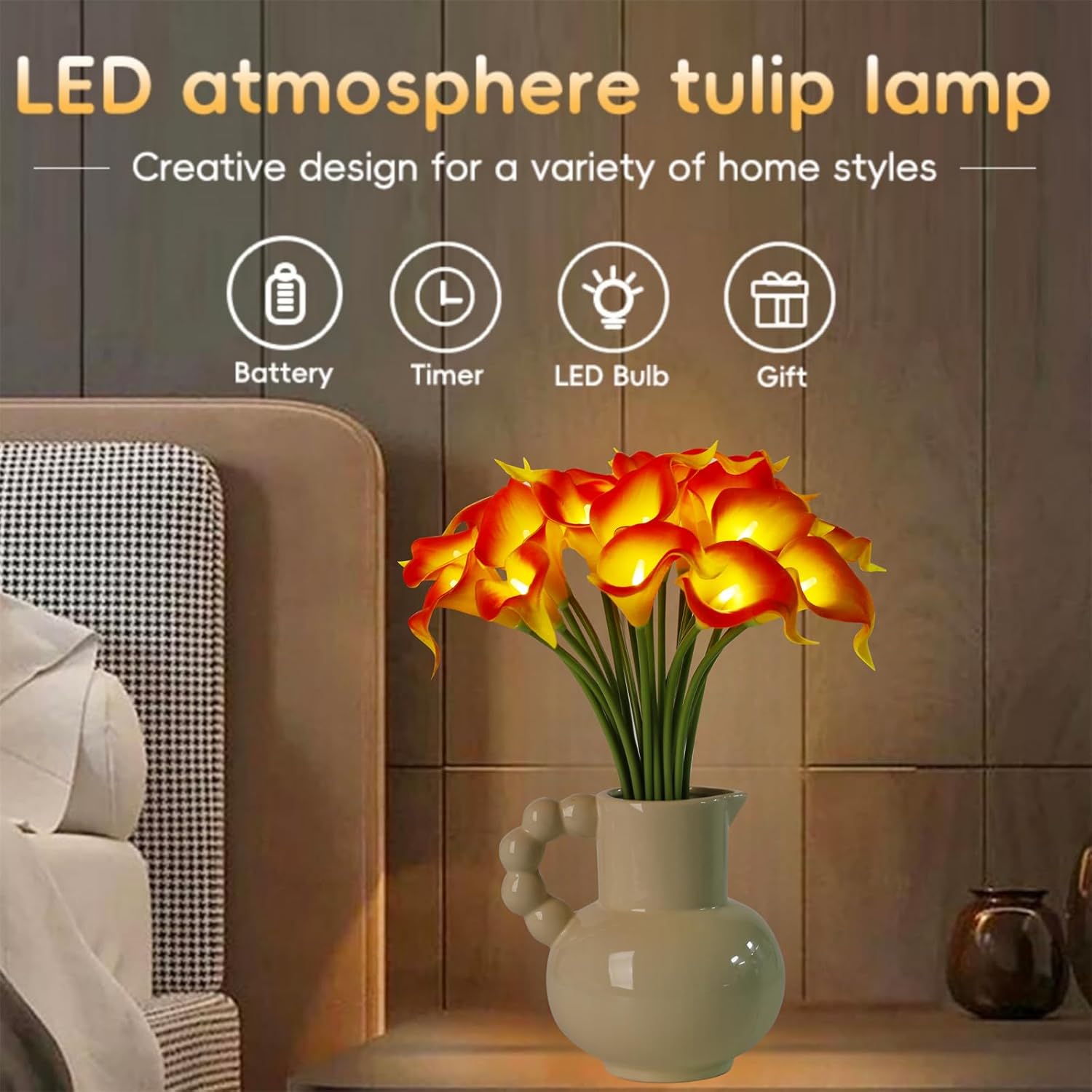 LED Lighted Artificial Flowers Calla Lily Lamp 20 Stems Real Touch Calla Faux Flower Lights for Valentine's Day Gift and Easter Home Kitchen Wedding Dining Table Decor(Orange) - Image 3