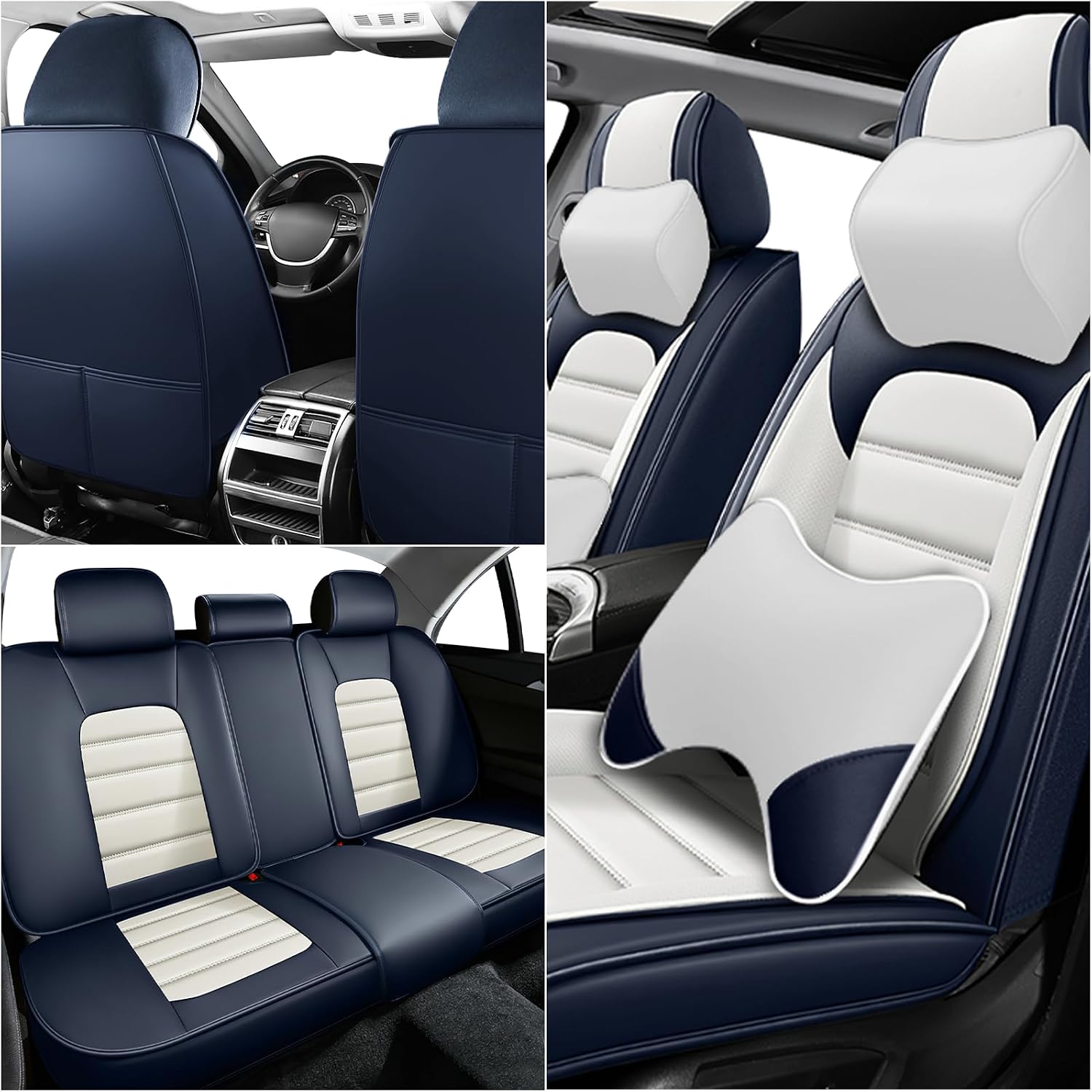 Seat Cushion Cover Custom Fit for 2009-2026 F150 and 2011-2026 F250 F350, Waterproof Leather Truck Seat Protectors, Compatible Airbag Auto Interior Covers (Full Set with Pillow, Blue&White)