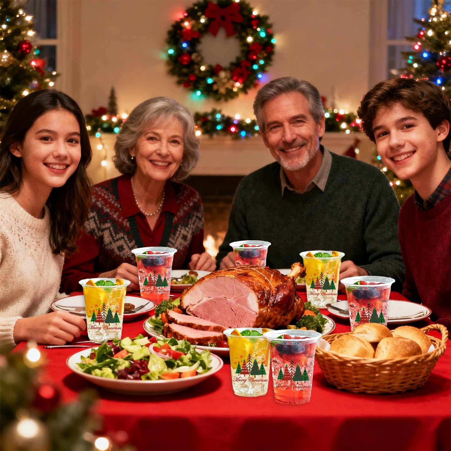 Christmas Disposable Plastic Cups with Lids Straw - 50PCS 12oz Xmas Party Clear Drink To Go Coffee Cup Bulk, Merry Christmas Glasses Drinkware for Holiday Winter Hot Cold Drinking (Xmas Tree) - Image 6