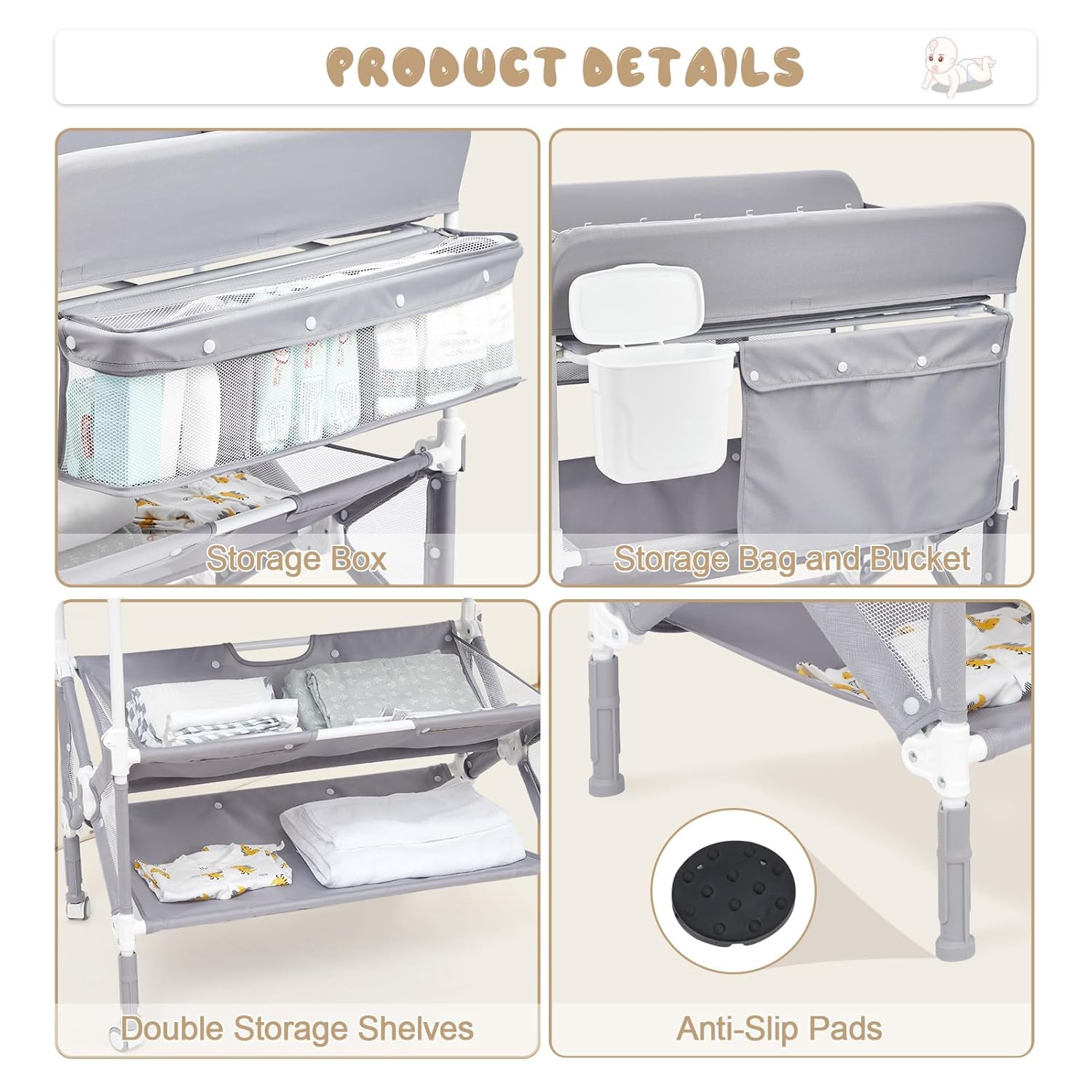 Garvee Portable Baby Changing Table with Wheels, Folding Diaper Changing Station with Adjustable Height, Cleaning Bucket & Storage Organizer, No Assembly Tall Changing Table for Newborn Infant (Grey)