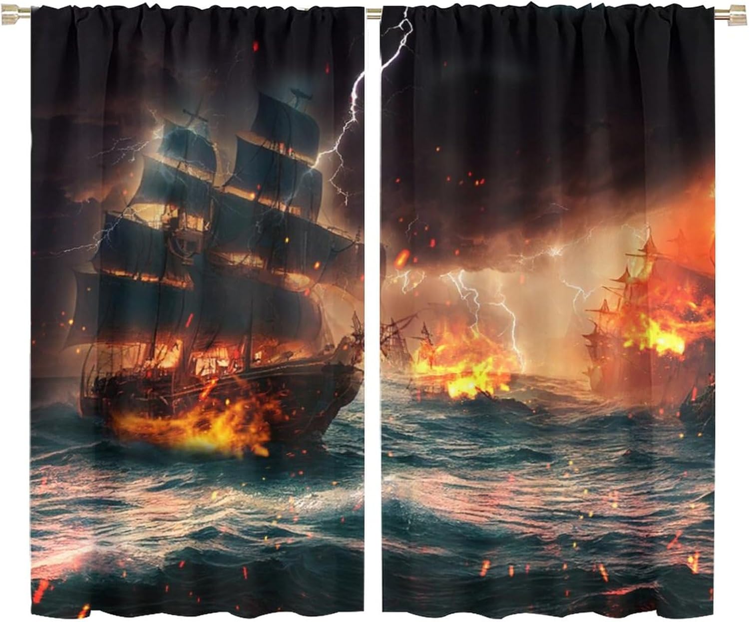 Fantasy Nautical Pirate Ship Blackout Curtains,Oil Painting Vintage Ancient Coastal Burning Pirate Ship Waves Room Darkening Window Curtains with Rod Pocket - 2 Panels 63" L x 36" W