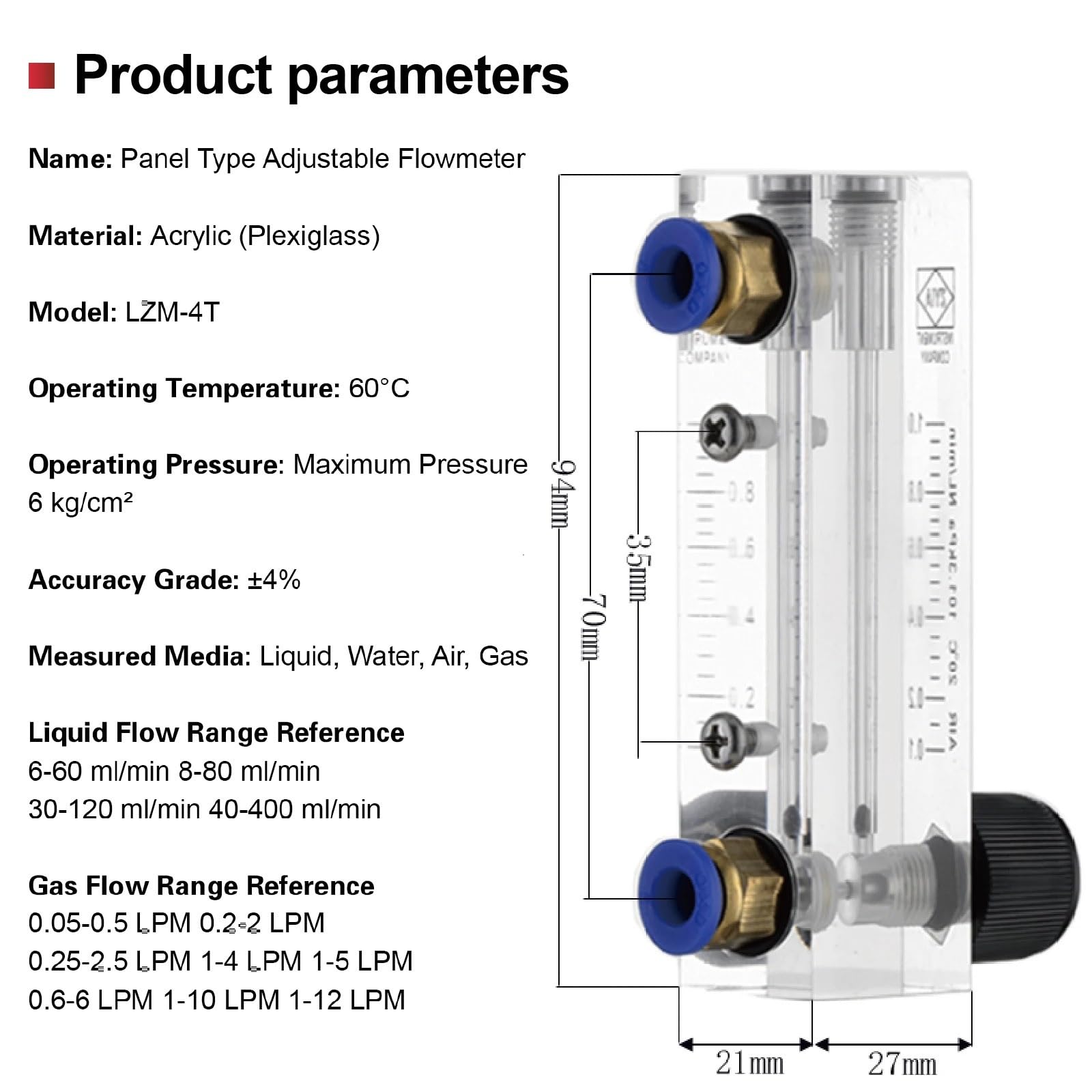 Medidor de flujo de panel acrílico LZM-4T, rotámetro de gas y líquido, medidor de flujo de aire comprimido, instrumento de análisis de agua, interfaz de 6 mm.(L-30-120ML-min-6mm)