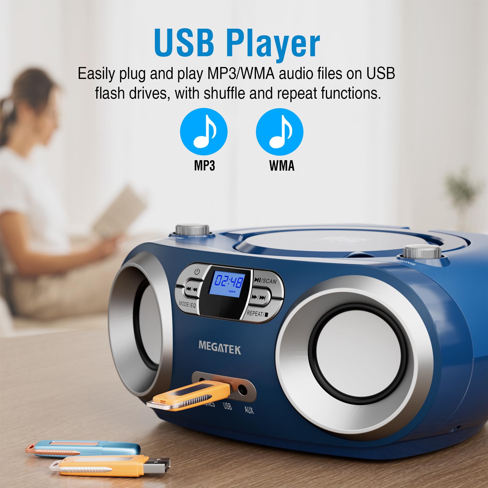 MEGATEK Lecteur CD Portable/Radio/Bluetooth Boombox avec Son stéréo amélioré, Lecture de CD-R/CD-RW/MP3/WMA, Port USB, entrée AUX, Prise Casque, écran LCD rétroéclairé, Fonctionne avec AC/Piles