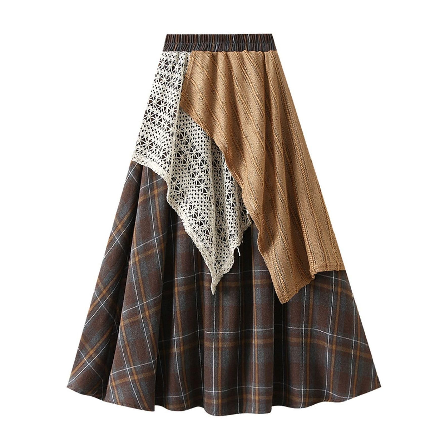 Womens Plaid A-Line Skirt Irregular Lace Patchwork Skirts Elastic High Waist Pleated Skirt Asymmetrical Midi Skirts