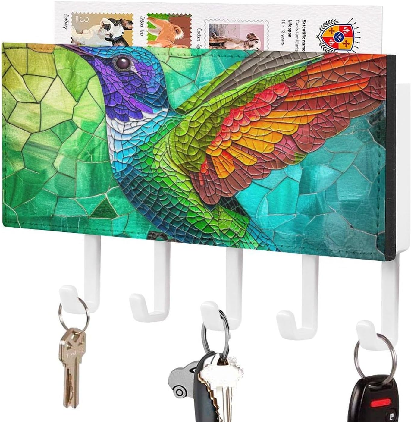 Colorful Humming Bird Key Holder for Wall Mail Organizer Stained Glass Wall Mount with 5 Hooks Acrylic Key Rack for Home Office Entryway