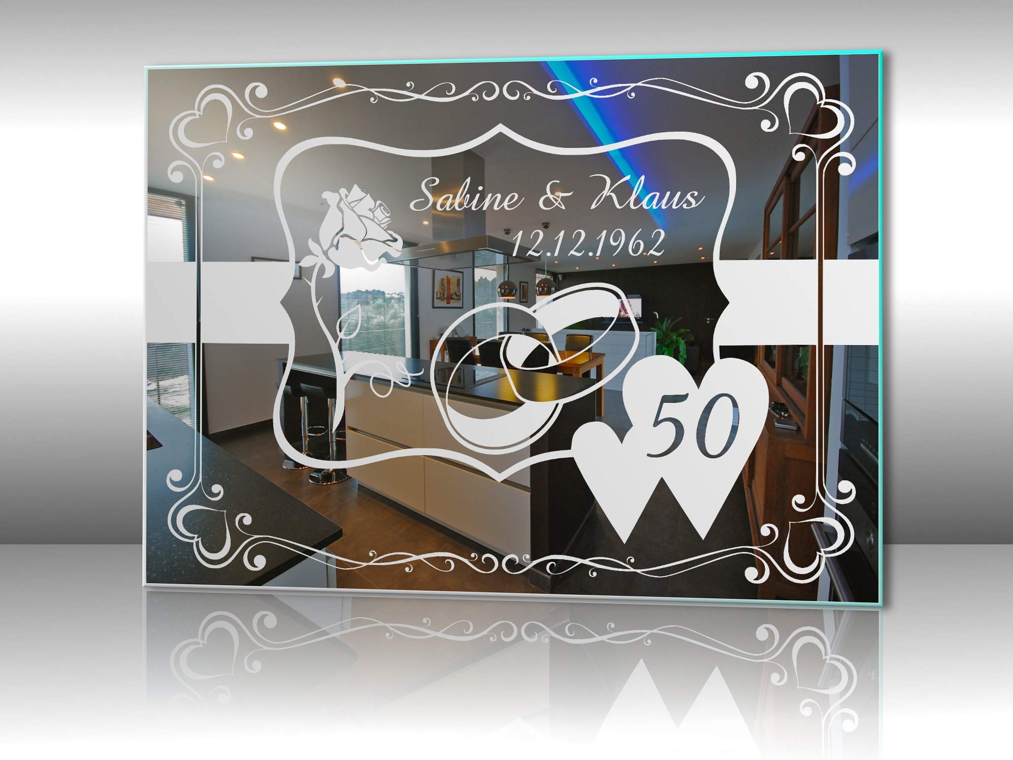 Spiegel mit Gravur zur Goldenen Hochzeit 4 ★ Wandbild ★ Hochzeitstag ★ Ehe ★ Hochzeitsgeschenk ★ 50 Jahre ★ personalisiert