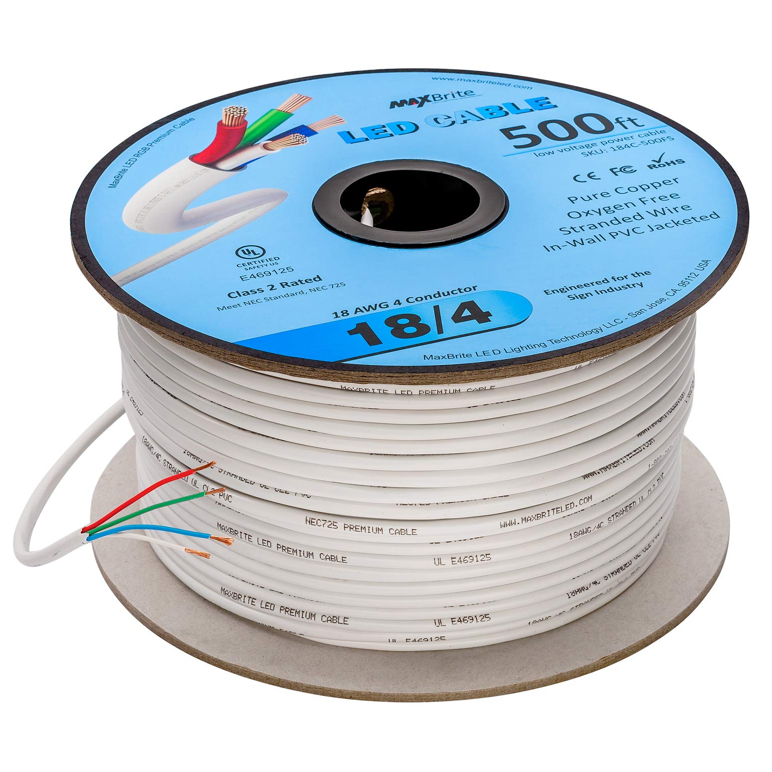 Cable LED de bajo voltaje de 500 pies, 18 AWG, 4 conductores en la pared, cable de altavoz de cobre puro con revestimiento UL, clase 2