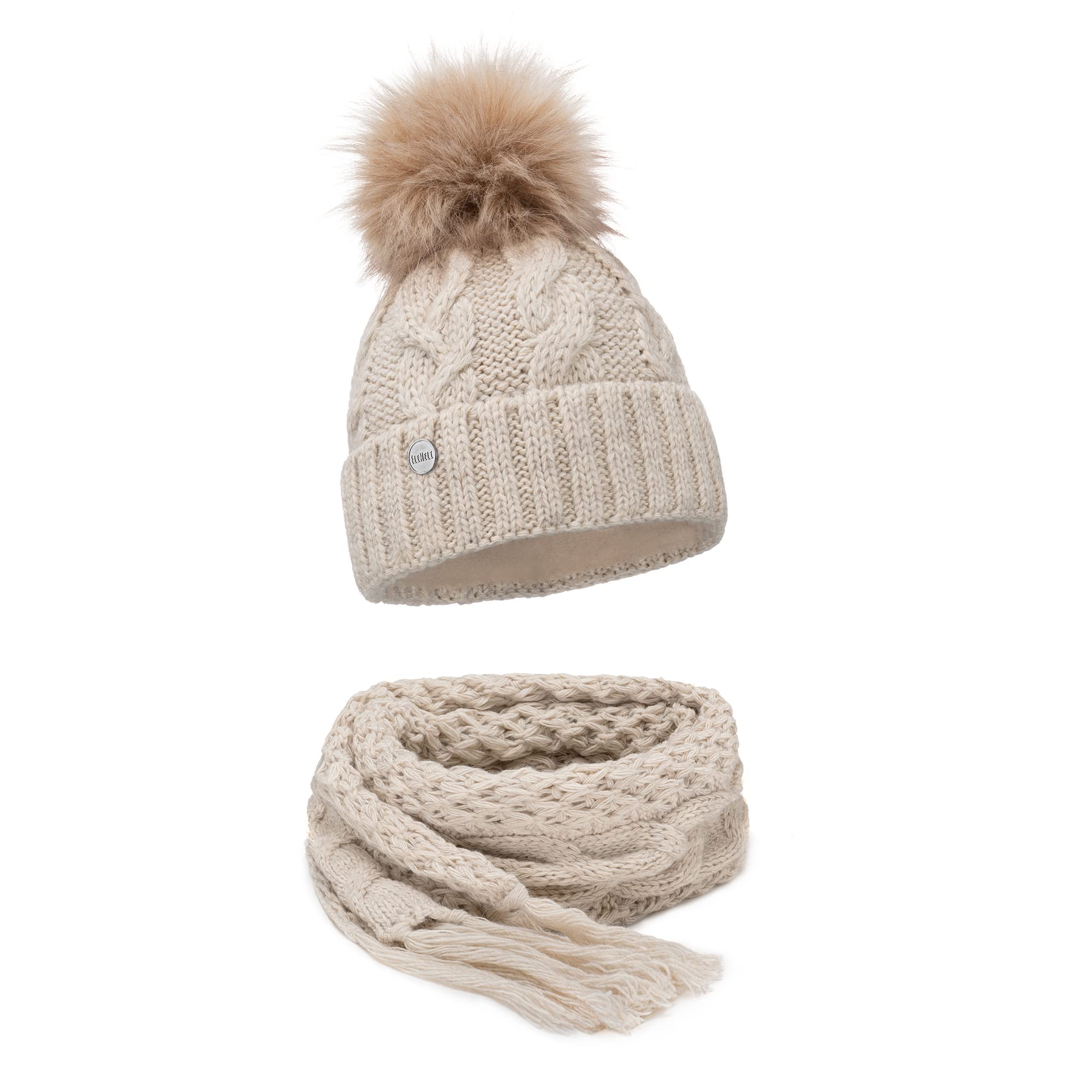 ELIMELI® Winter Hat Women's Hat with Fur Bobble Fleece Lining,Warm Women's Bobble Hat Knitted Hat,Winter Hat with Faux Fur Bobble,Slouch Knitted Beanie Made in EU, Beige,set with scarf, One size