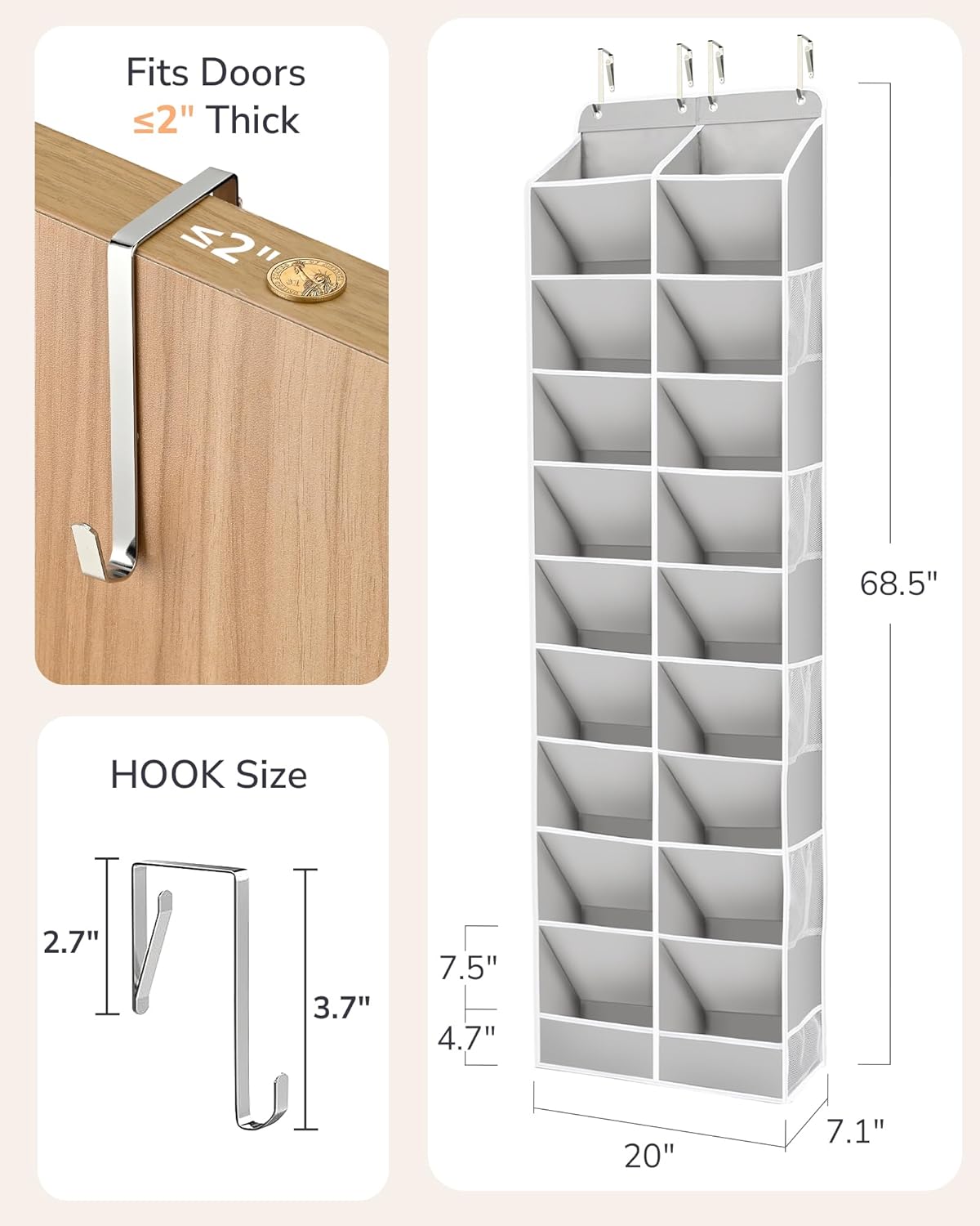 ULG Over The Door Shoe Organizer for Closet Fit 24-32 Pairs with Large Deep Pockets, Narrow Shoe Rack for Door Hanging Boots Storage, Black