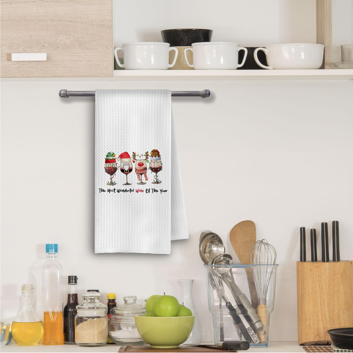 Funny Christmas Wine Kitchen Towels, Gifts for Wine Lovers Decorative Hand Towels for Bar Cart, Holiday Xmas Hat Drinks Dish Tea Towel for Kitchen, 16x24 Inch image 3