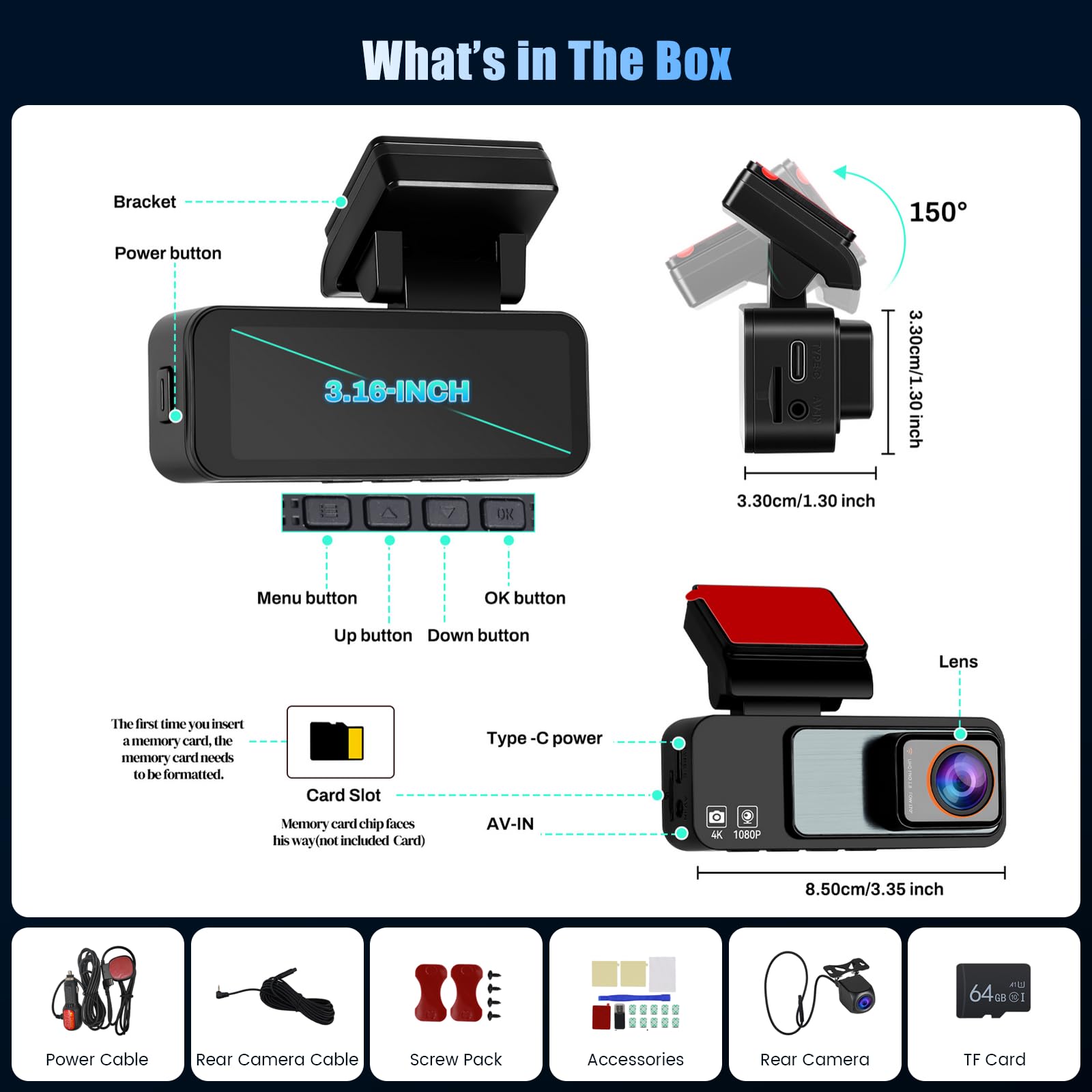 Inefala Dashcam Cámara Coche 4K+1080P con WiFi GPS, WiFi Dash CAM Coche con Tarjeta SD 64GB,Camara Coche Grabadora,Gran Angular,Visión Nocturn,Sensor G,Monitor de Aparcamiento,Grabación de Bucle