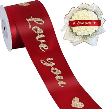 TONIFUL Claret Red Satin Ribbon with Glitter Love You Print - 2 Inch x 10 Yards Valentine Ribbon for Wedding, Anniversary, Engagement Party, Mothers Day, Valentine, Gift Wrapping, Floral Decor
