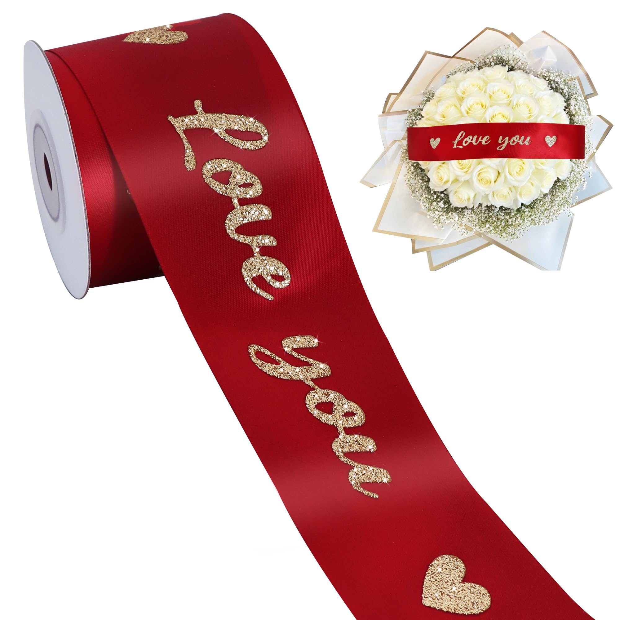 TONIFUL Claret Red Satin Ribbon with Glitter Love You Print - 2 Inch x 10 Yards Valentine Ribbon for Wedding, Anniversary, Engagement Party, Mother's Day, Valentine, Gift Wrapping, Floral Decor