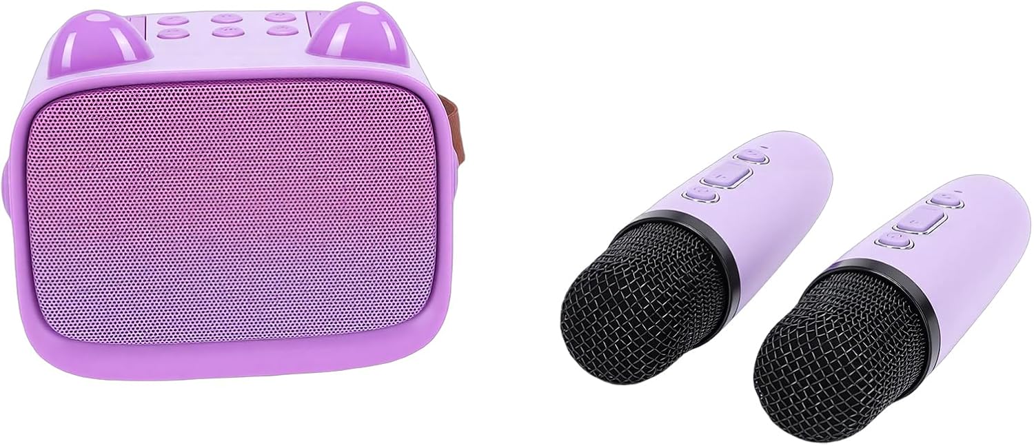 Mini Karaoke Machine for Kids, ABS Material, Double Noise Reduction Bluetooth Speaker, Portable for Home Outdoor Party with 2 Wireless Mics (Purple)
