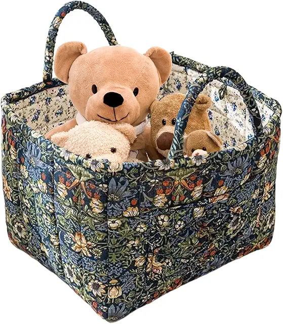Floral Quilted Fabric Basket with Handle for Home Storage & Organization