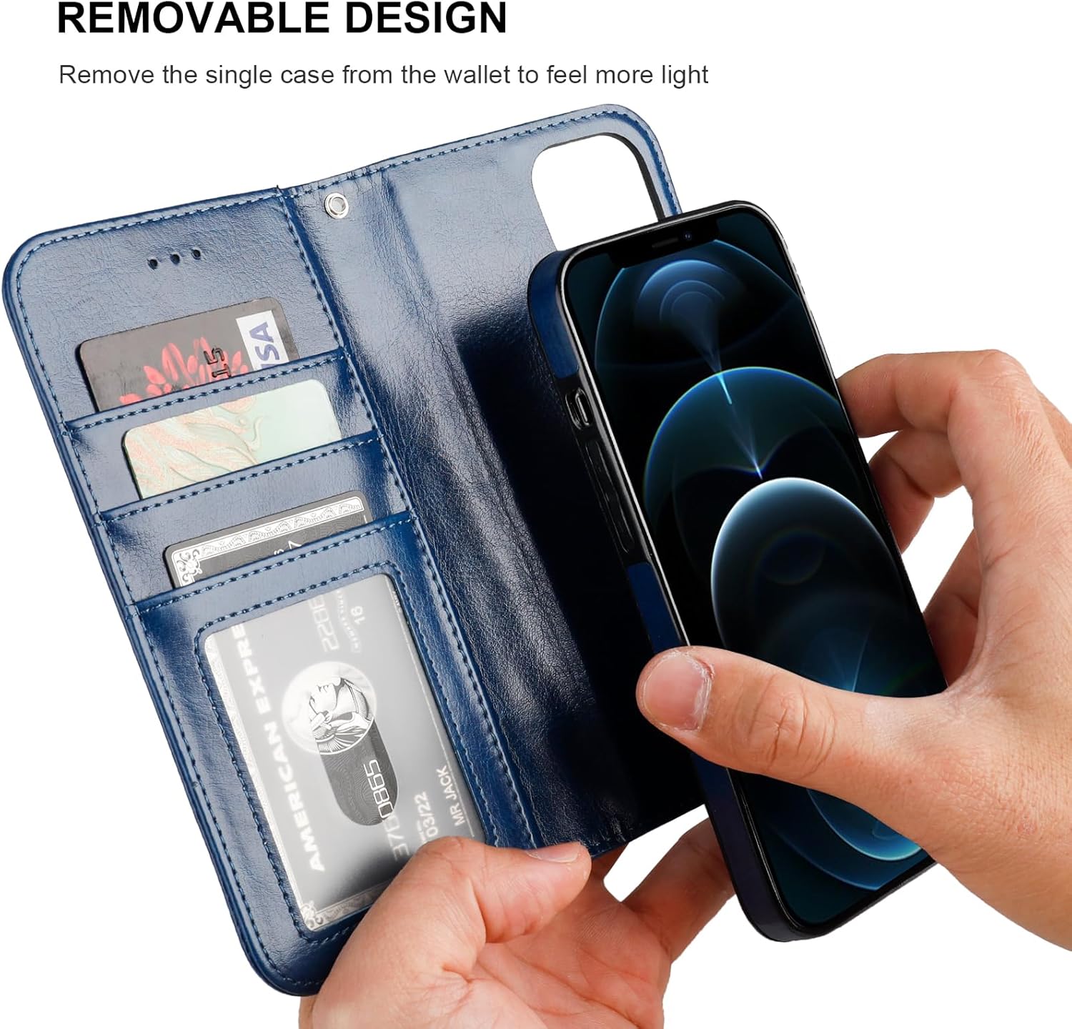 Bocasal for iPhone 12 Pro Max Wallet Case Compatible with MagSafe Wireless Charging, RFID Blocking Magnetic Leather Case with Card Slots Holder Kickstand Detachable Wrist Strap 6.7 Inch (Blue)