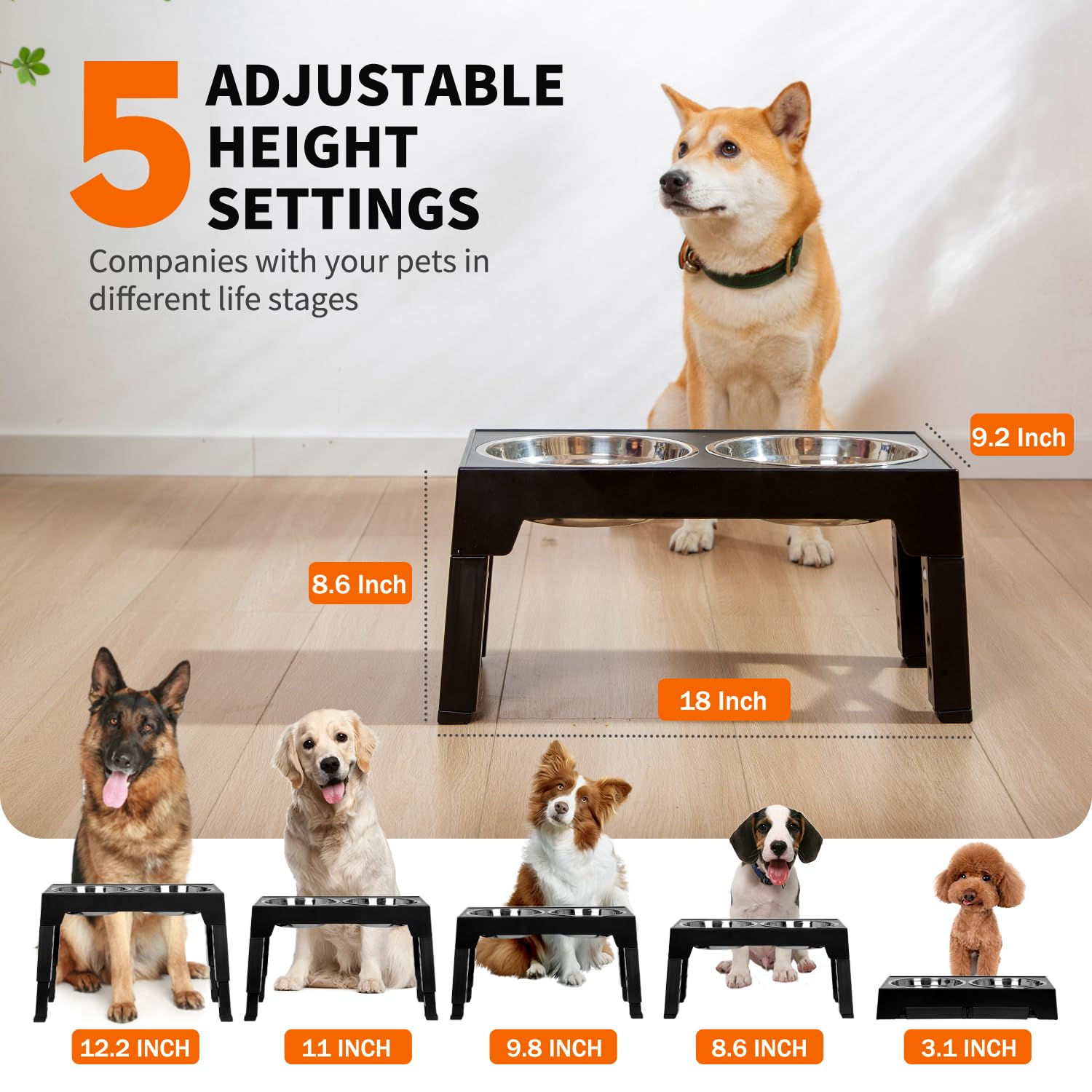 FOREYY Comedero y Bebedero Elevado Ajustable Con 2 Cuencos de Acero Inoxidable 1200ML, 5 Alturas, Antideslizante Para Perros Medianos y Grandes, Negro