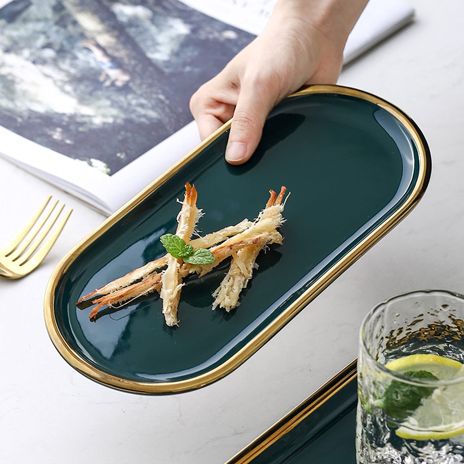 Foodservice Vassoio Vano vano vassoio Phnom Penh vassoio for uso domestico torta in ceramica torta dessert piastra creativa ovale stoccaggio piatto gioielli piastra verde snack piatto, 10/12 pollici p