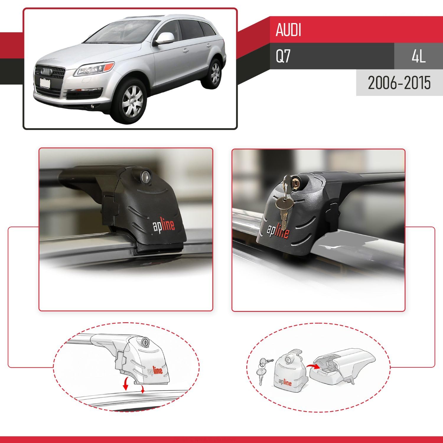 Compatibile con Audi Q7 (4L) 2006-2015 Modello ACE-2 Barre Tetto Portapacchi Auto Barre Portatutto Nero Alluminio 2 Barre