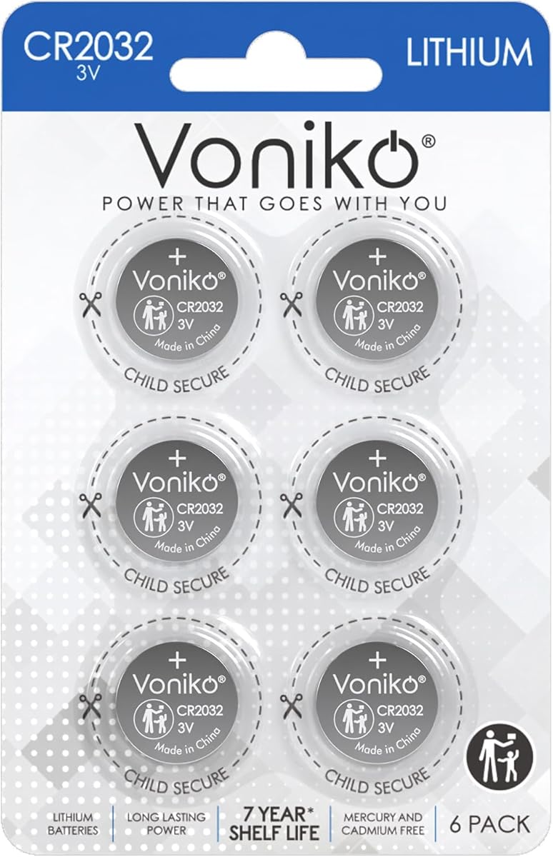 Voniko CR2032 3V Lithium Batteries 6 Pack for Child Safety, Compatible with AirTag, Key Fobs, Thermometers, Scales – 7 Years Shelf Life
