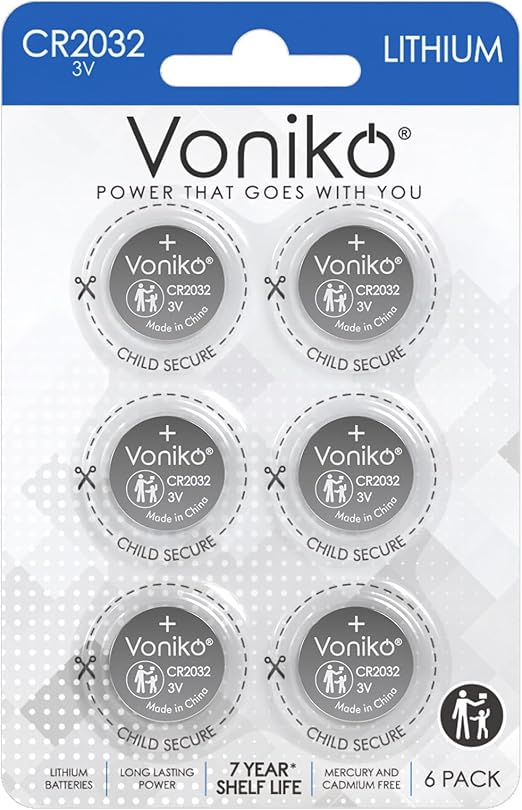 Voniko 3 Volt CR2032 Battery 6 Pack – Lithium Batteries – 2032 Button Battery Flat – 7 Years Shelf Life