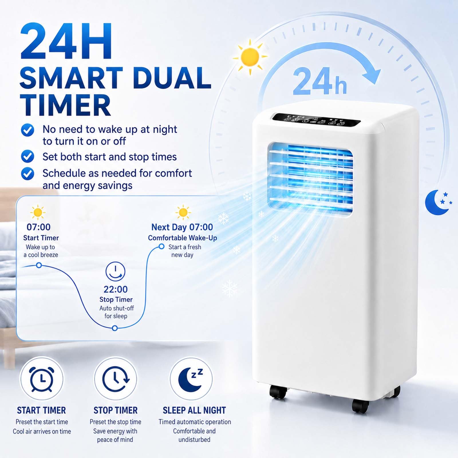 Condizionatore Portatile 3-in-1, con deumidificatore di Raffreddamento e Ventilatore, unità AC Intelligente, Display LED, Oscillazione 120° per casa e Ufficio