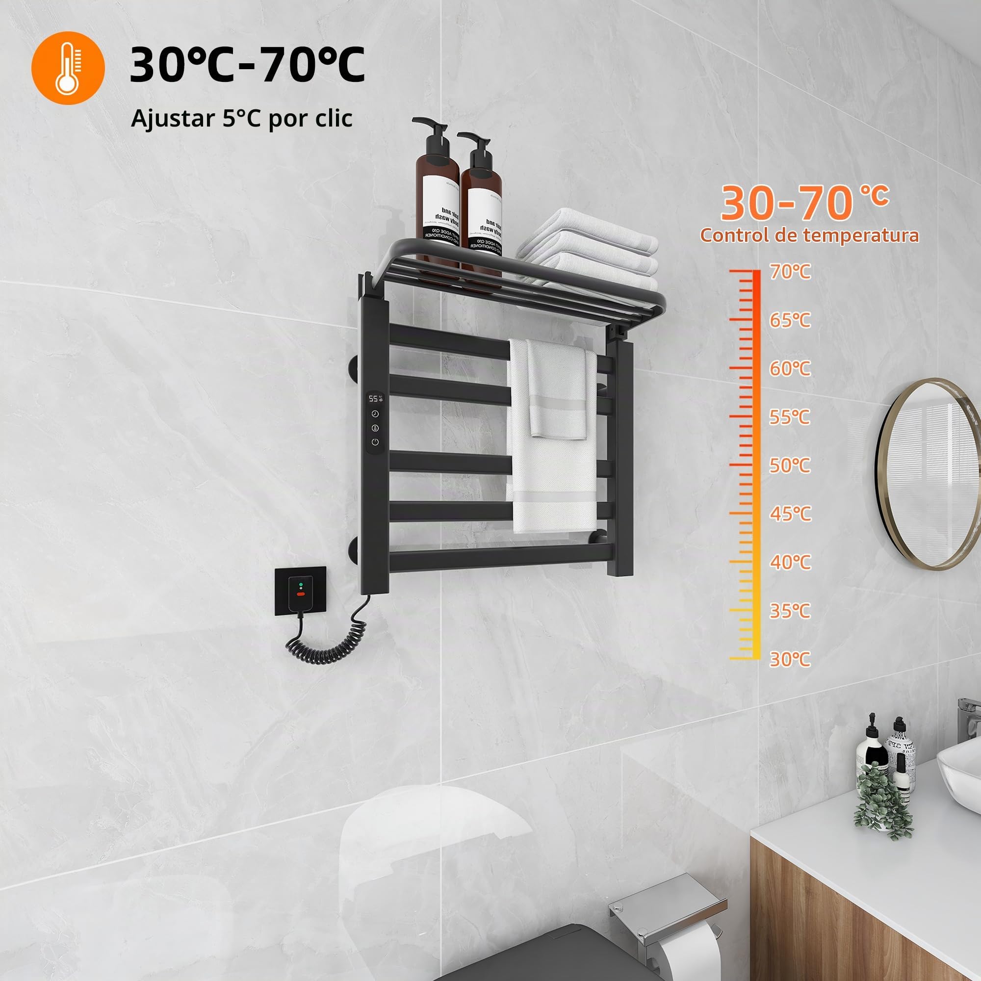 Radiador de Toallas, 500x500mm Secador de Toallas Radiador, Toallero Eléctrico Bajo Consumo, Toallero eléctrico inteligente Calienta Toallas, calefacción de fibra de carbono, antracita-Black Left