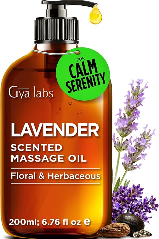 Gya Labs Lavender Massage Oil - 200ml Aromatherapy Massage Oil, Non-GMO | Lavender massage oil for massage therapy | with argan & jojoba oil | non-greasy, fast-absorbing | Non-GMO, cruelty-free