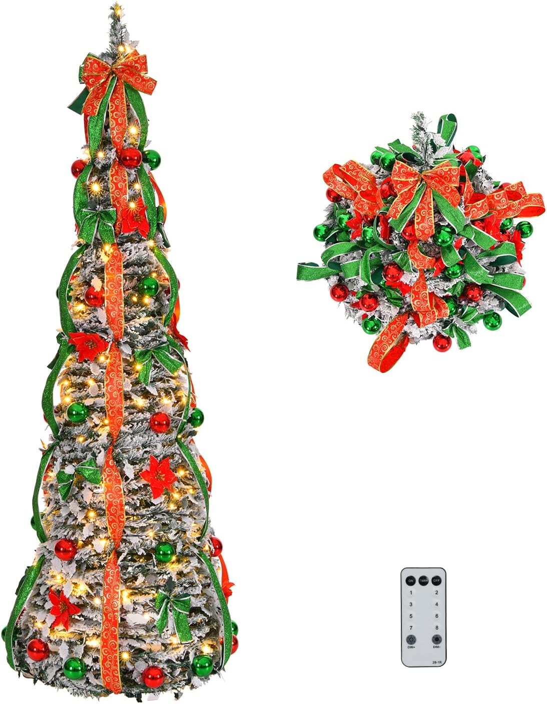 VINGLI 6ft Pre-Lit Pop Up Christmas Tree with 150 Lights, Fully Decorated Flocked Pencil Collapsible Tree for Holiday Party Decorations (Red & Green) 6FT Flock Red & Green