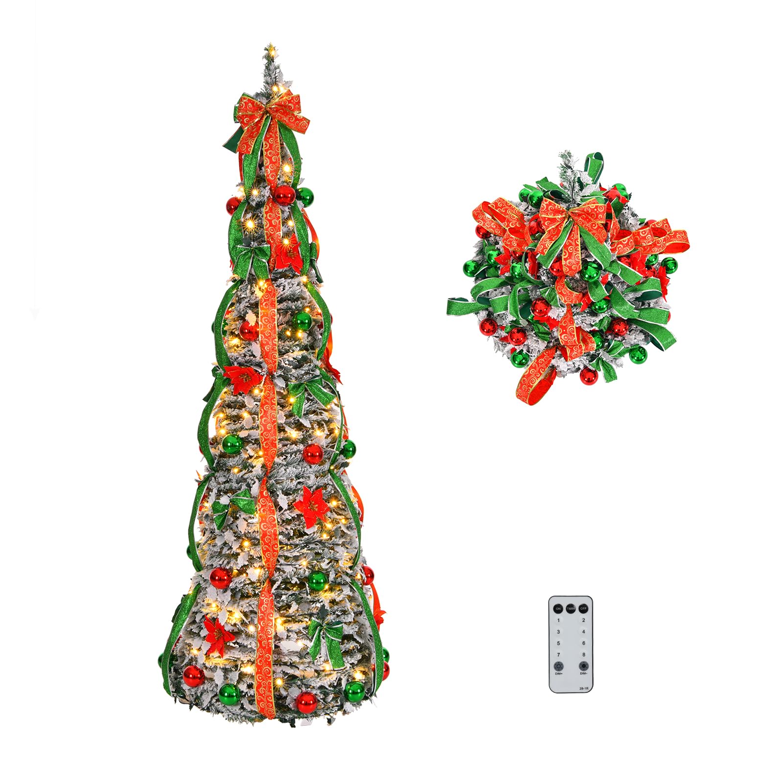 VINGLI 6ft Pre Lit Pop Up Christmas Tree with 150 Lights, Fully Decorated Flocked Pencil Christmas Tree Pre Lit Collapsible Christmas Tree Holiday Party Decorations (Red&Green)