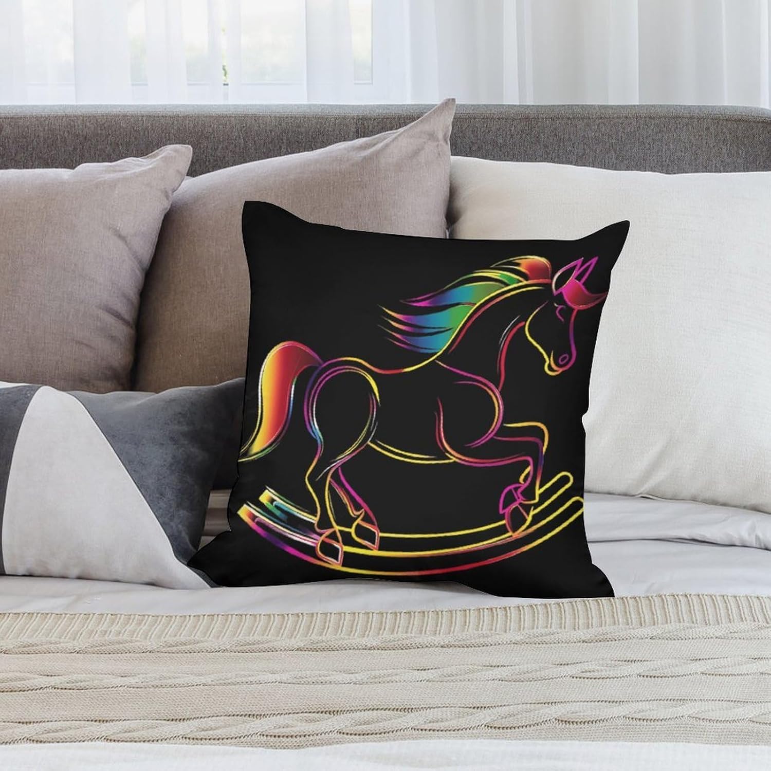 Rainbow Rocking Horse Printed Throw Pillow Case 4 Pcs Soft Pillowcases Pillows Covers Sofa Bed Decor 12/14/16/17/18/20/22/24/32 Inches