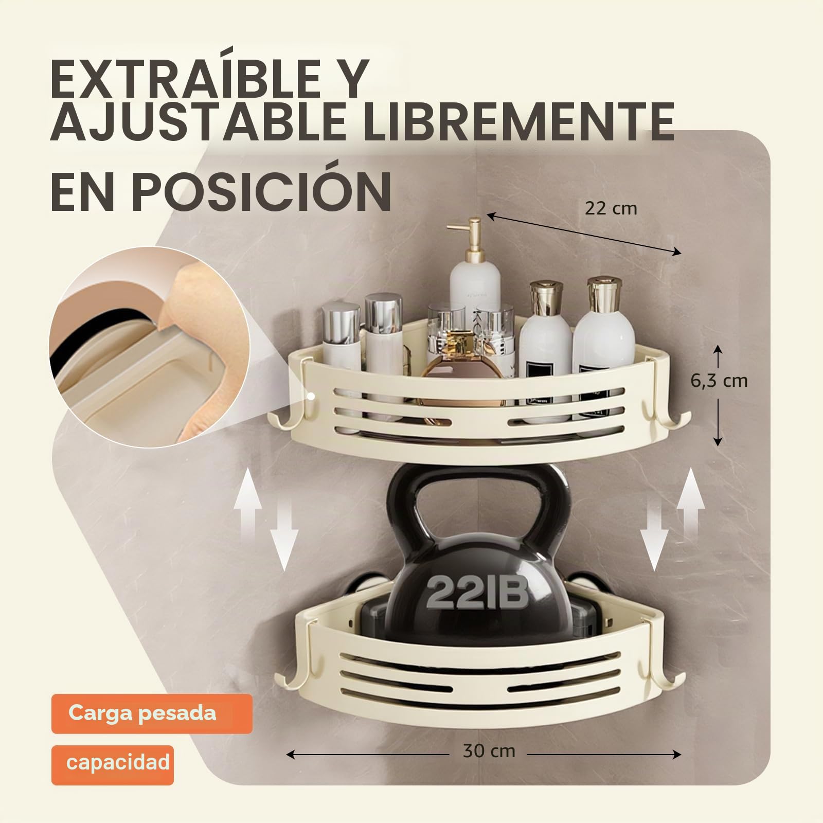 Lekesky Estante Ducha sin Taladro Esquina con Toallero y Ventosas Fuertes, Aluminio Antioxidante y Extraíble, Ideal como Estantería de Baño y Organizador Ducha para Baño y Cocina, 2 Uds, Crema
