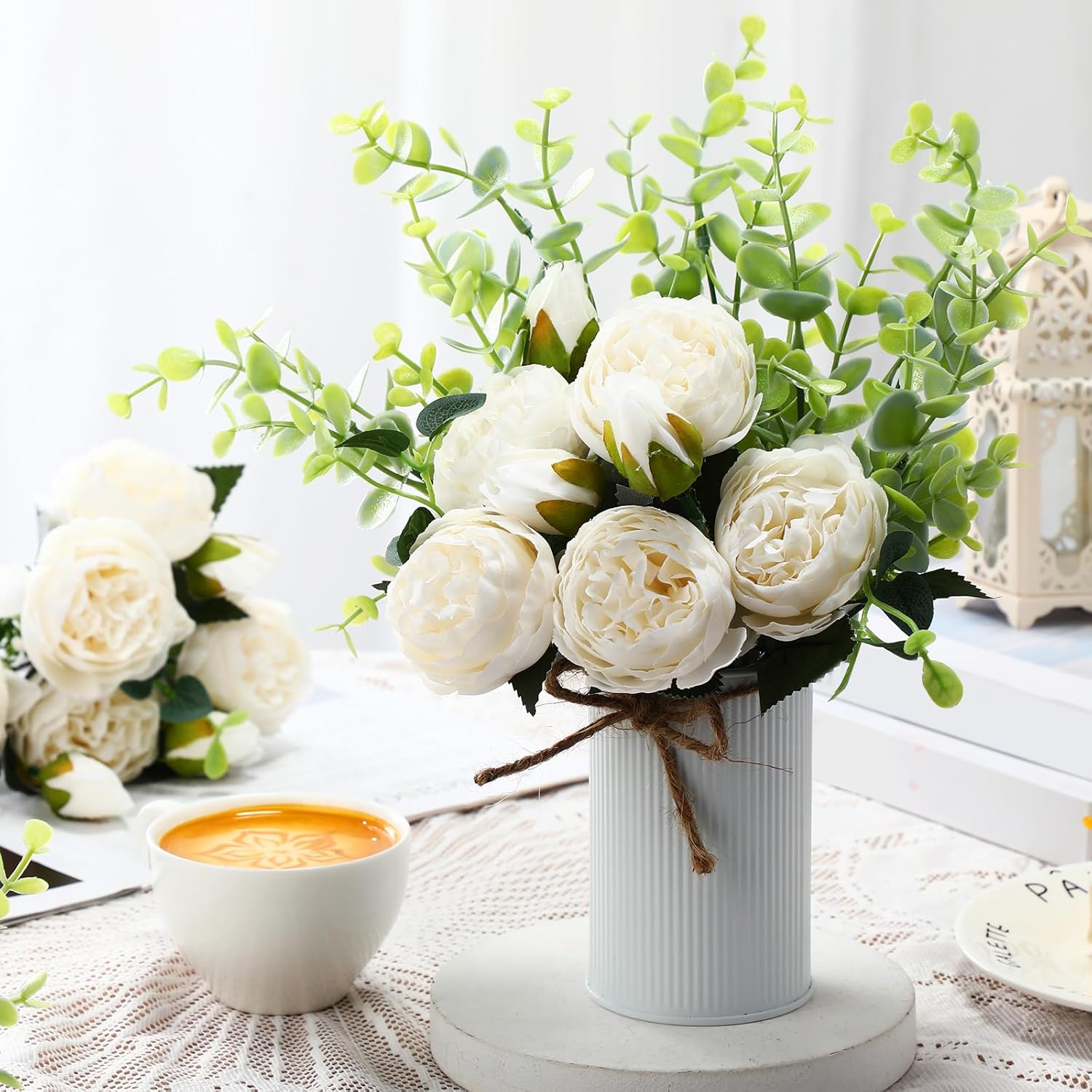 6 Sets Artificial Peonies Flowers, 6 Artificial Peony with Vase 6 Faux Eucalyptus, Faux Silk Peony Bouquet Spring Flowers for Decoration Wedding Party Home Dining (White) - Image 4