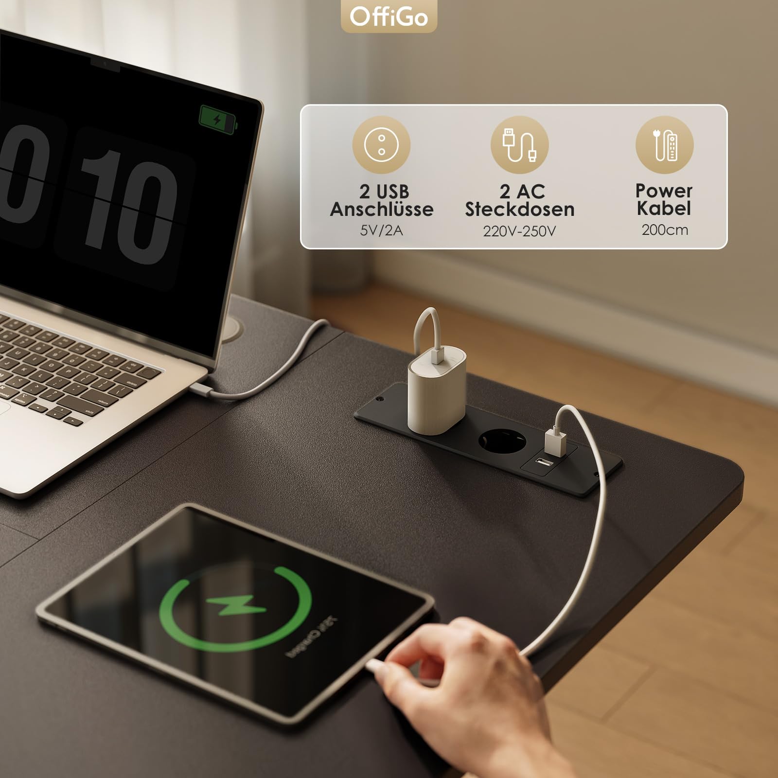 OffiGo Biurko Regulowane Wysokością Z Gniazdem, 180cm, Czarny | Elektryczne Biurko Regulowane Wysokością, z USB i 2 Funkcjami Pamięci do Domu