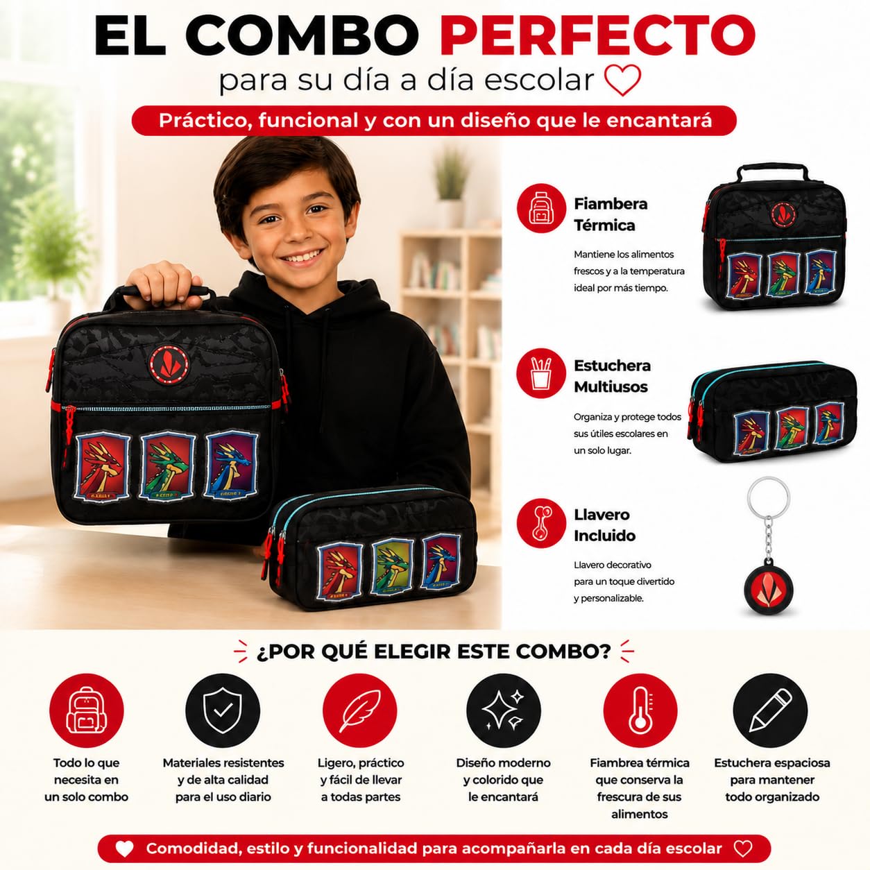 Vasari Combo Escolar Fiambrera Térmica + Estuche Triple Compartimento | Bolsa Porta Alimentos y Estuche Escolar para Niño | Gaming Dragon Negro
