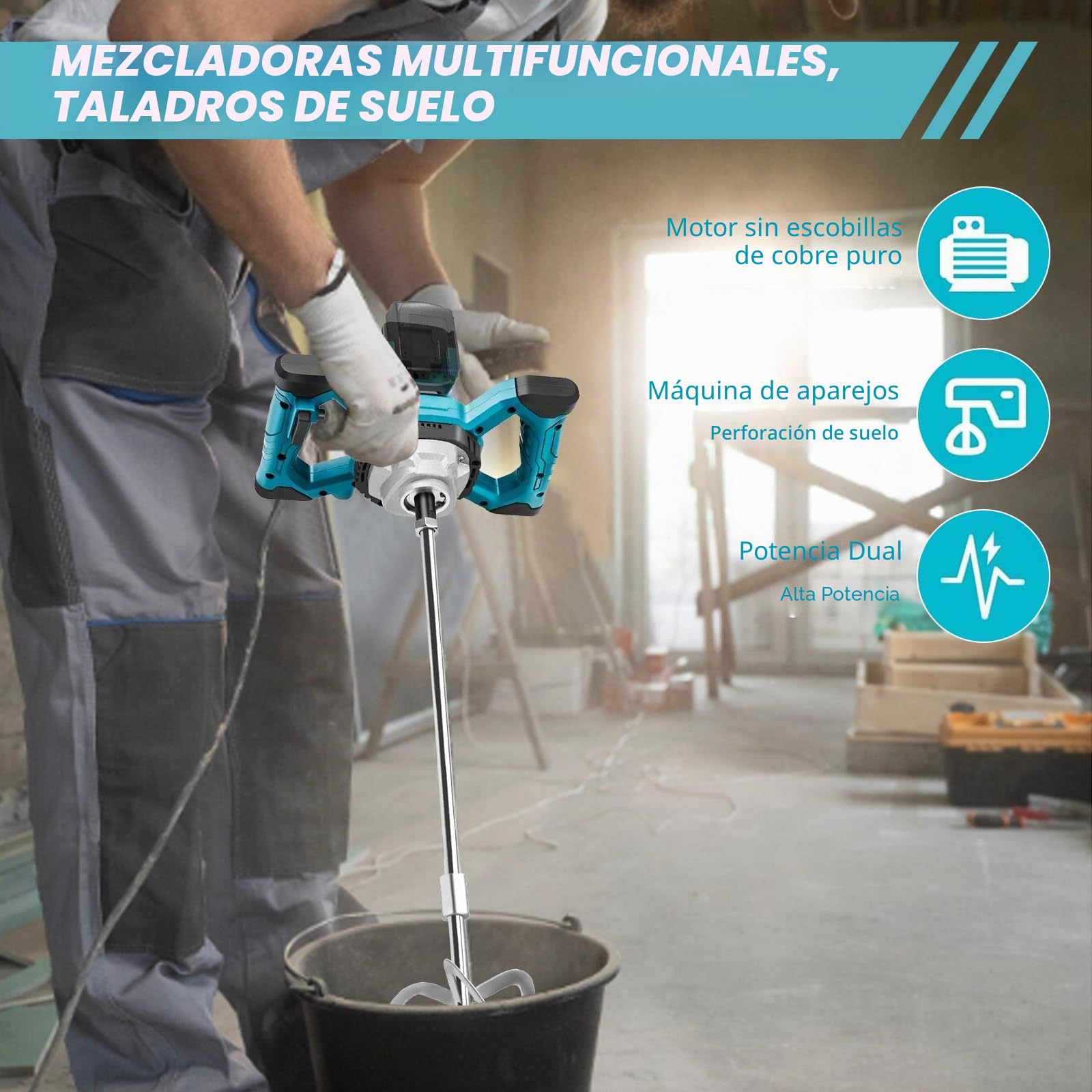 Mezclador de Cemento para Makita Batería, 3200W Mezclador de Hormigón Eléctrico Sin Escobillas con M14 Mezclador de Hélices, 6 Velocidades Regulables para Cemento, Pintura(Batería No Incluida)
