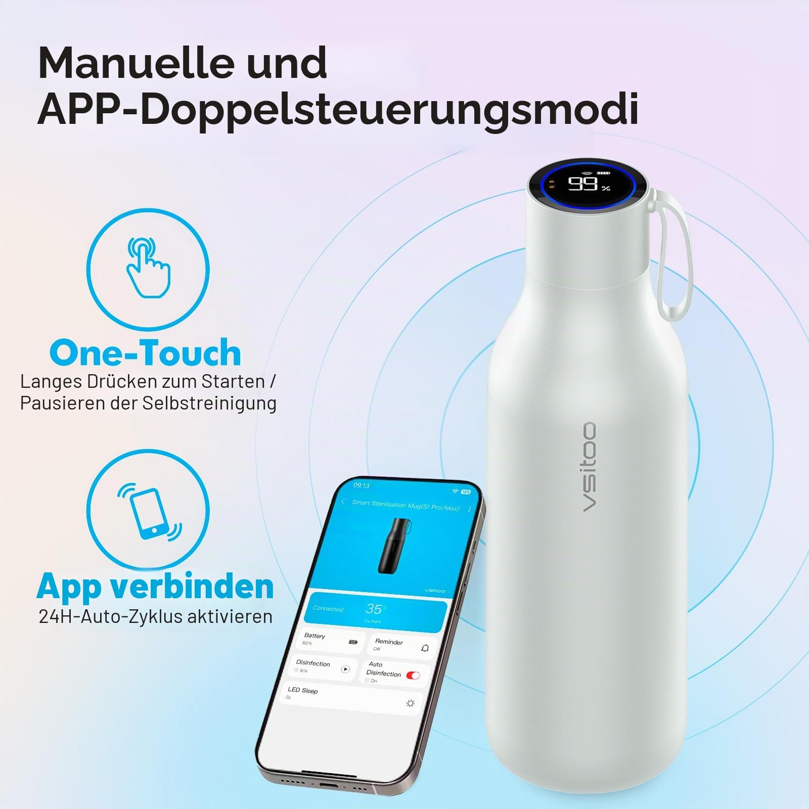 vsitoo Selbstreinigende Wasserflasche, 935.5 g Isolierte Edelstahl BPA Frei Smart Water Bottle, Touchscreen APP Control & Auto-Cleaning, Thermoflasche für Reisen, Weiß