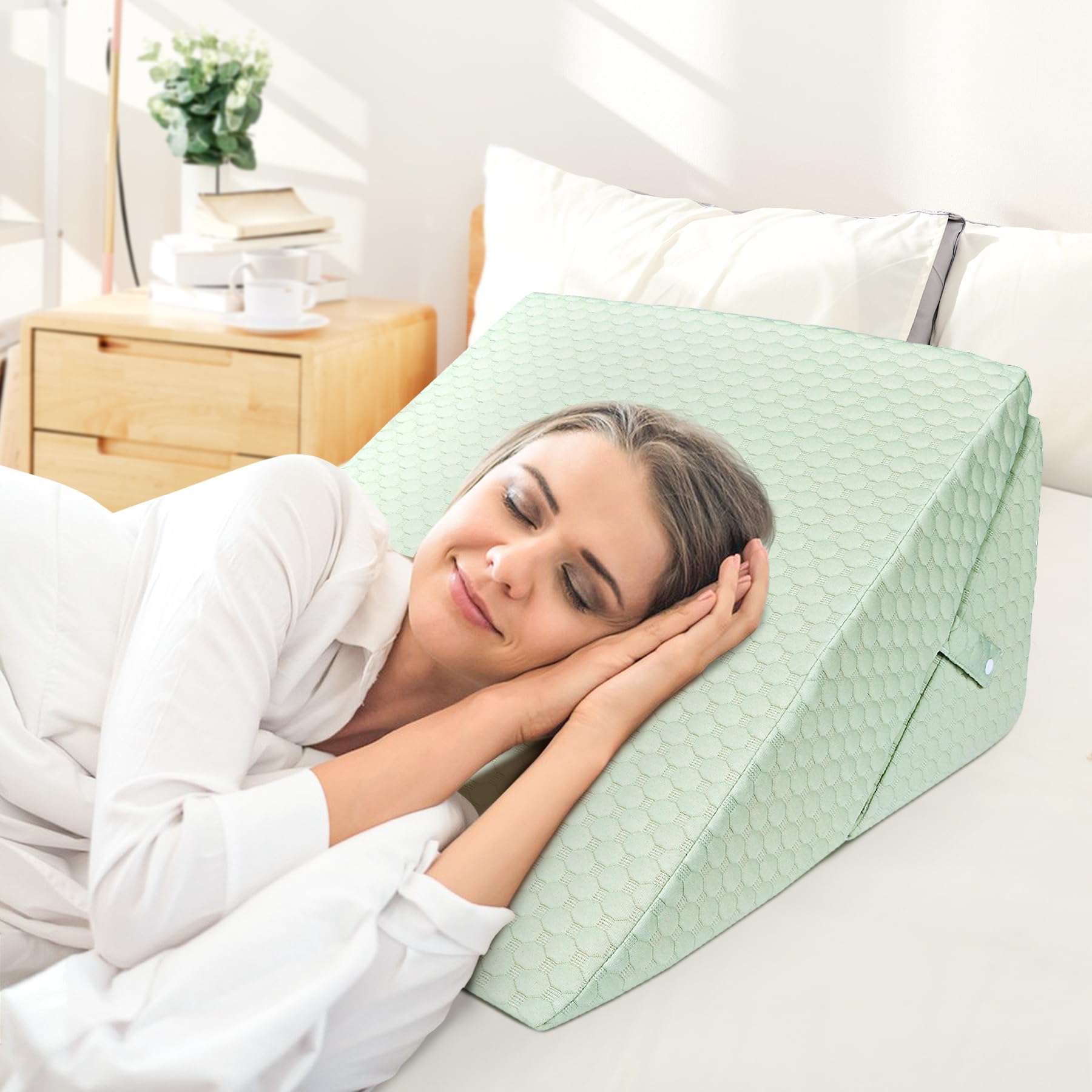 INFANZIA Cojín reclinado para cama, cojín de esquina, almohada de triángulo plegable en memoria de forma para apnea del sueño, reflujo ácido, elevación de las piernas, leer, verde