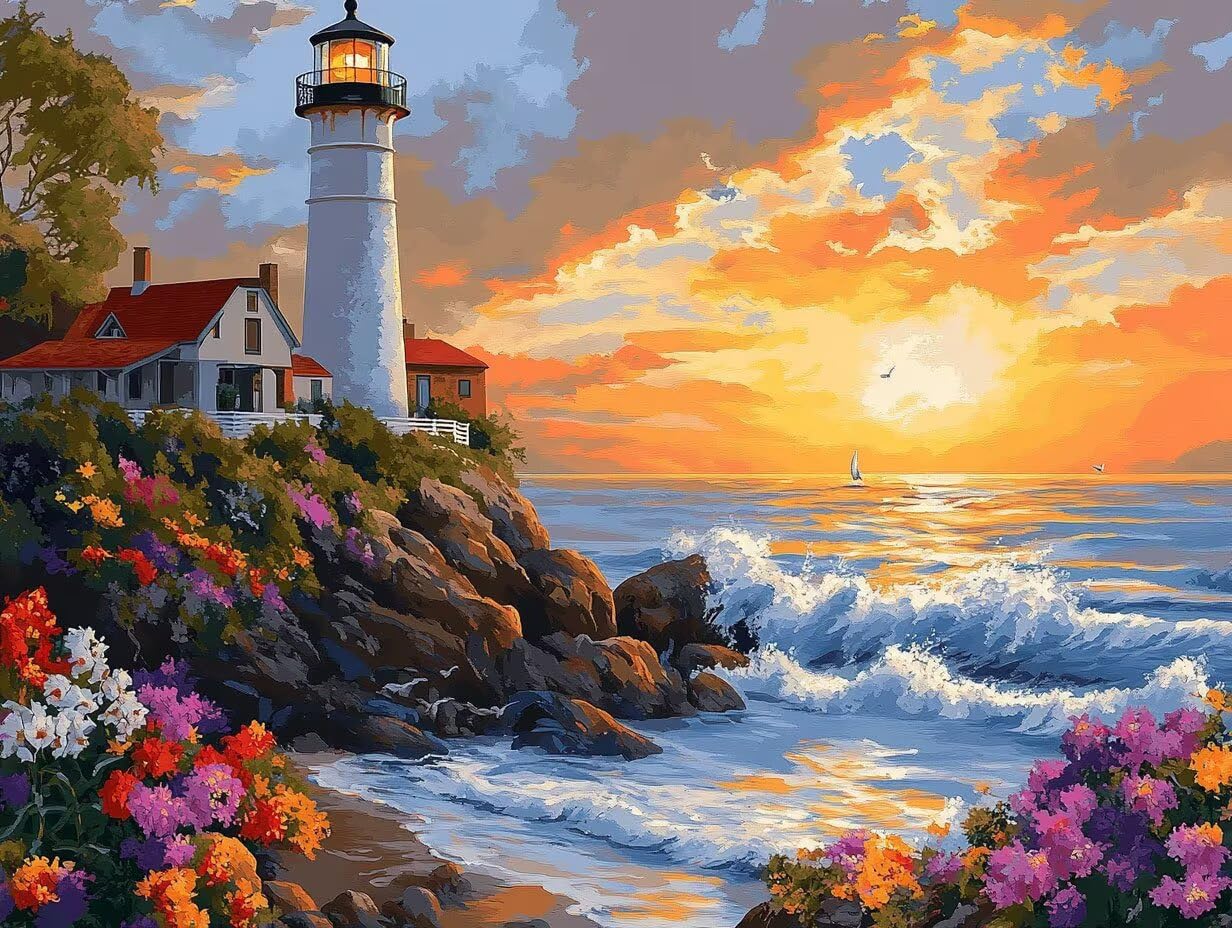 Peinture Numero Adulte Mer Coloriage par Numero Adulte Phare DIY Paint by Numbers, avec Pinceaux Peinture Loisir Creatif Enfant Numéro D'art Cadeau Femme, Pour Decoration Maison Murale 70x90cm H - 621