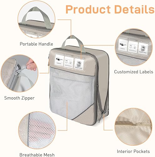 Vista 4 de Juego de 6 cubos de compresión de embalaje expandibles para maletas, accesorios de viaje (beige)