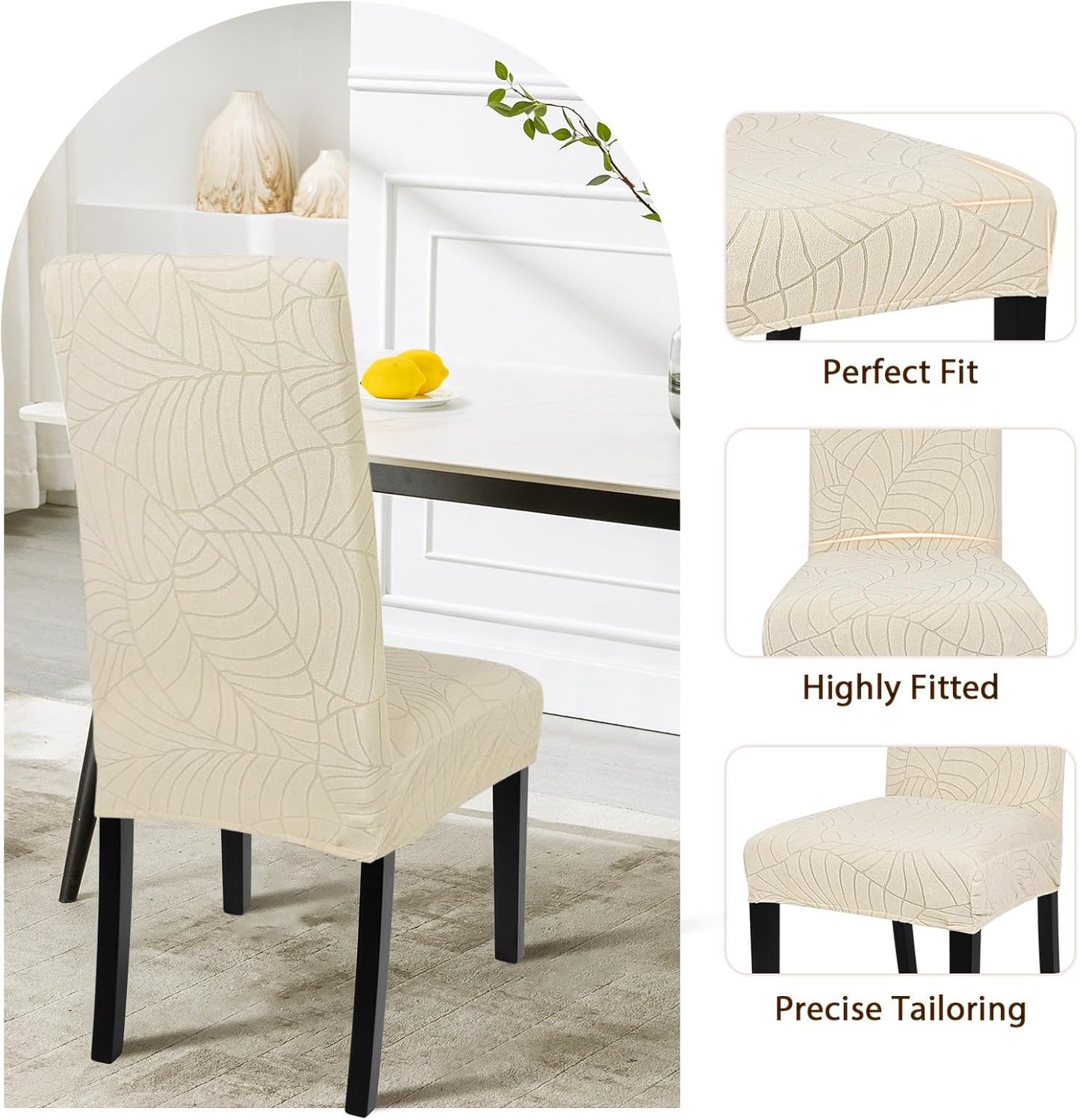 SearchI Waterproof Dining Room Chair Covers Set of 4, Stretch Jacquard Parsons Chair Slipcovers Removable Washable Kitchen Chair Protector for Dining Room, Hotel, Banquet(Beige Leaf)