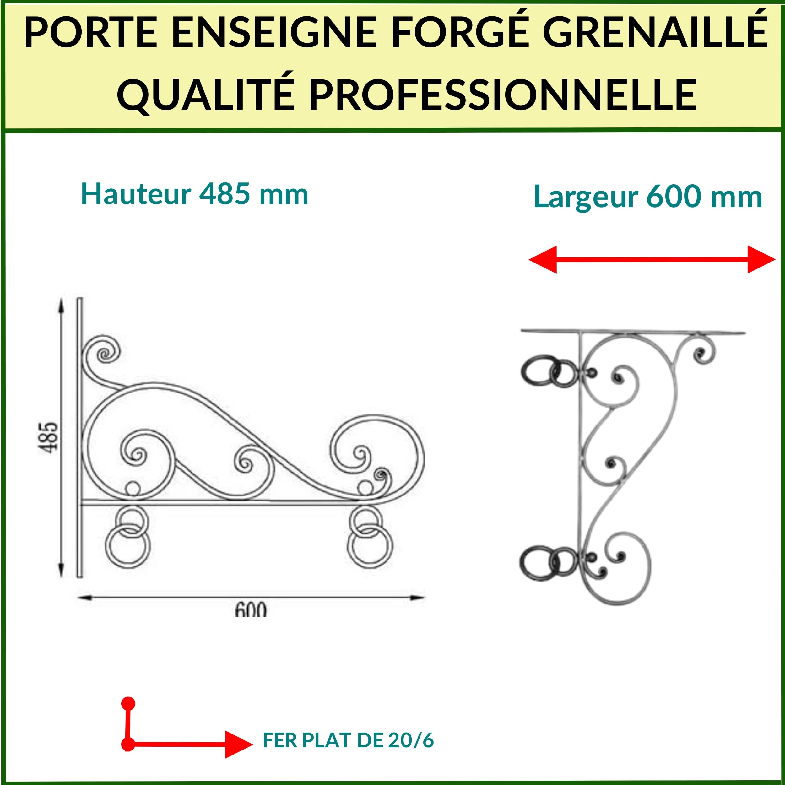 Déco fer Forgé- PORTE ENSEIGNE en Fer Forgé -ACIER DECORATION Durable efficacité Pieces -H 485 x 600 mm En Fer Plat de 20/6 mm -Support Mural Usage Interieur Exterieur Satisfaction Garantie Robuste